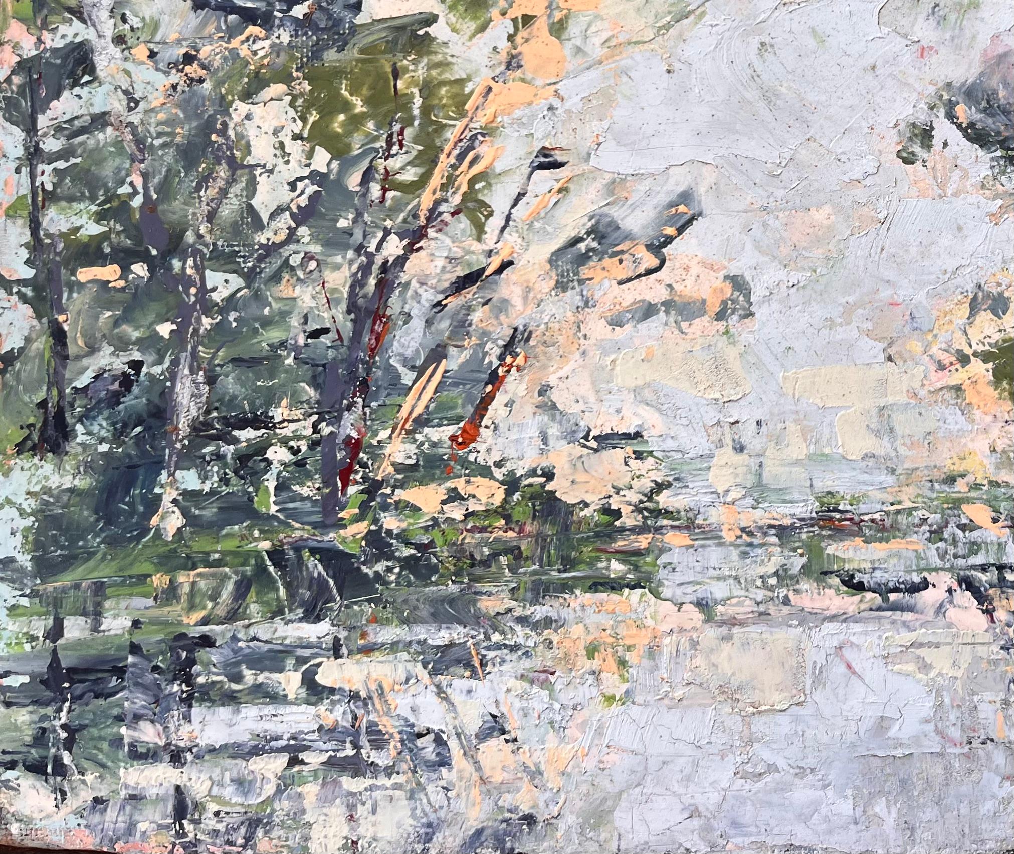 Scène de paysage abstraite française avec reflets dans l'eau - Gris Landscape Painting par Fanch Lel