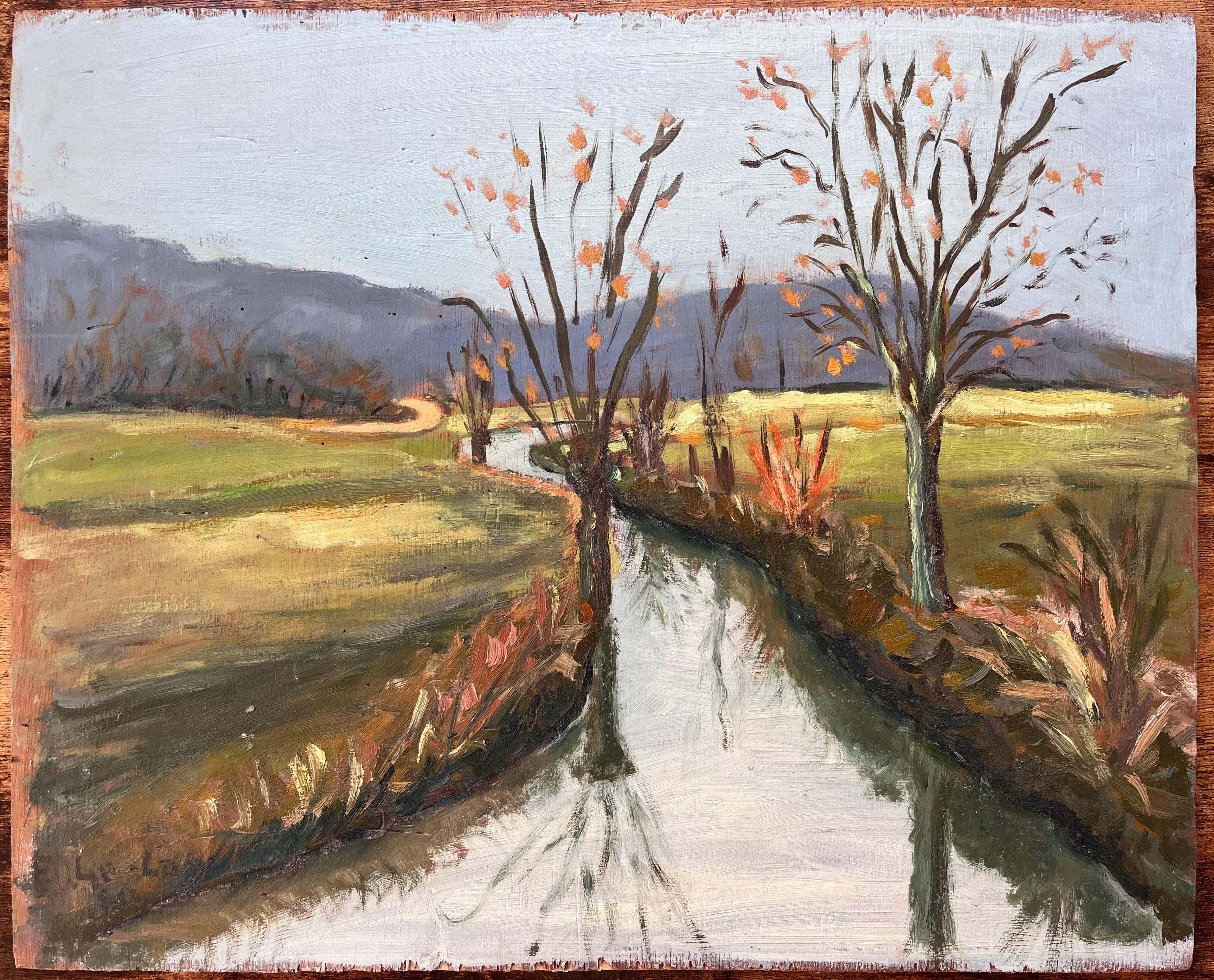 Paysage d'automne français d'un canal doublé d'arbres avec reflets et collines distances - Painting de Fanch Lel