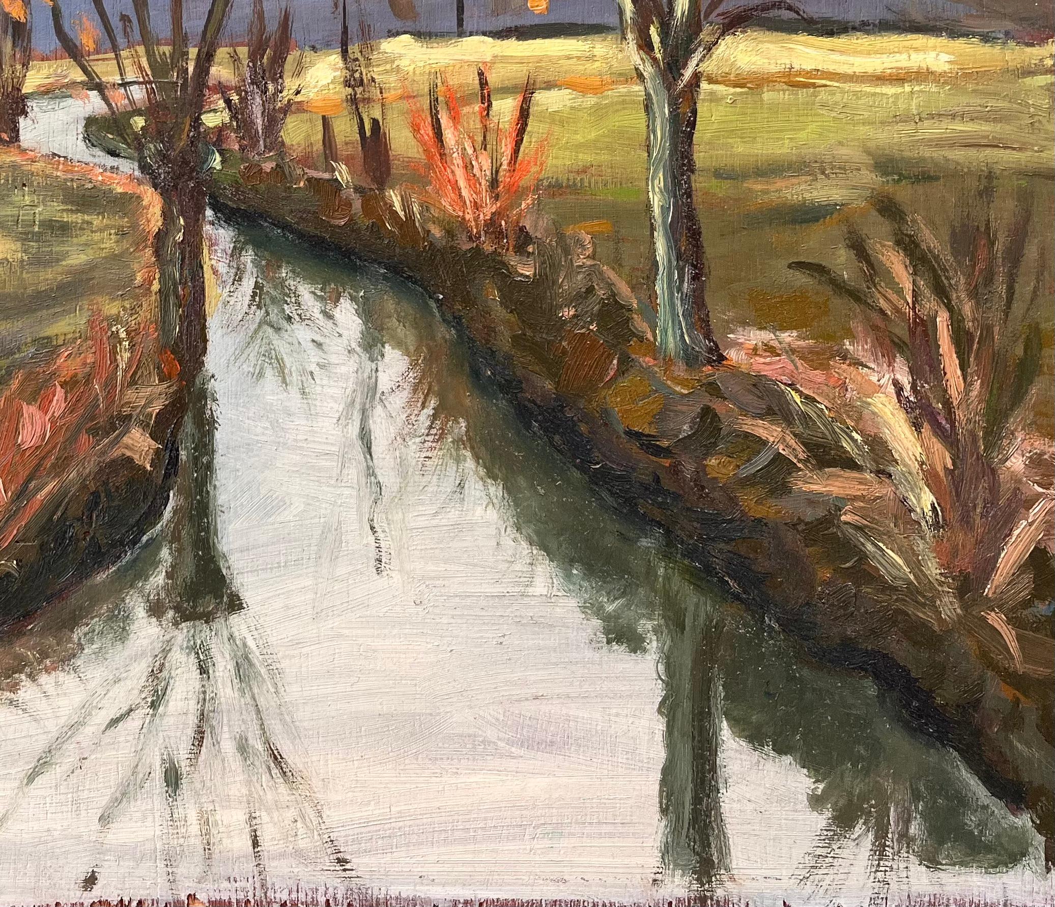 Paysage d'automne français d'un canal doublé d'arbres avec reflets et collines distances - Marron Abstract Painting par Fanch Lel