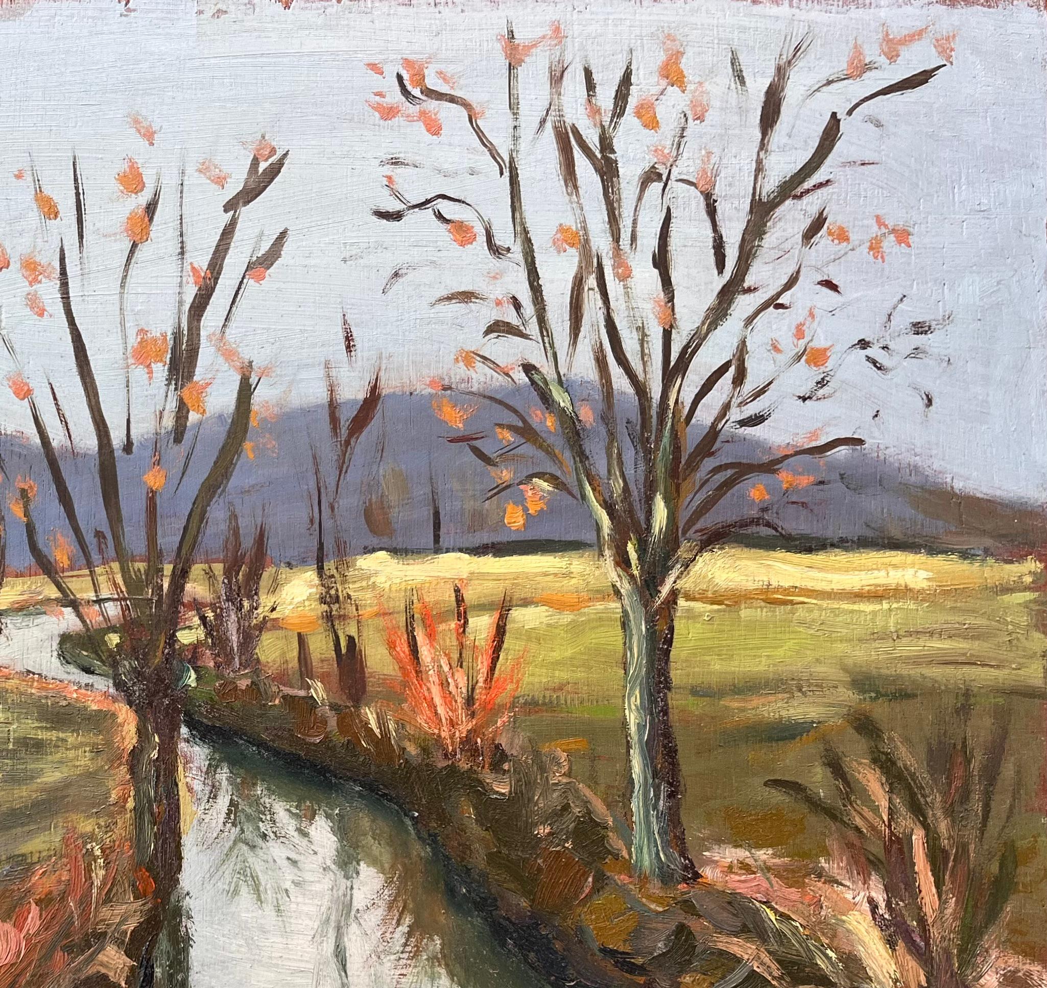 Titre : Paysage d'automne français d'un canal bordé d'arbres avec des reflets et des collines lointaines
Par Fanch Lel
Taille : 13 x 16.25 pouces (hauteur x largeur)
Peinture à l'huile sur carton, non encadrée
Condit : Le tableau est en bon état