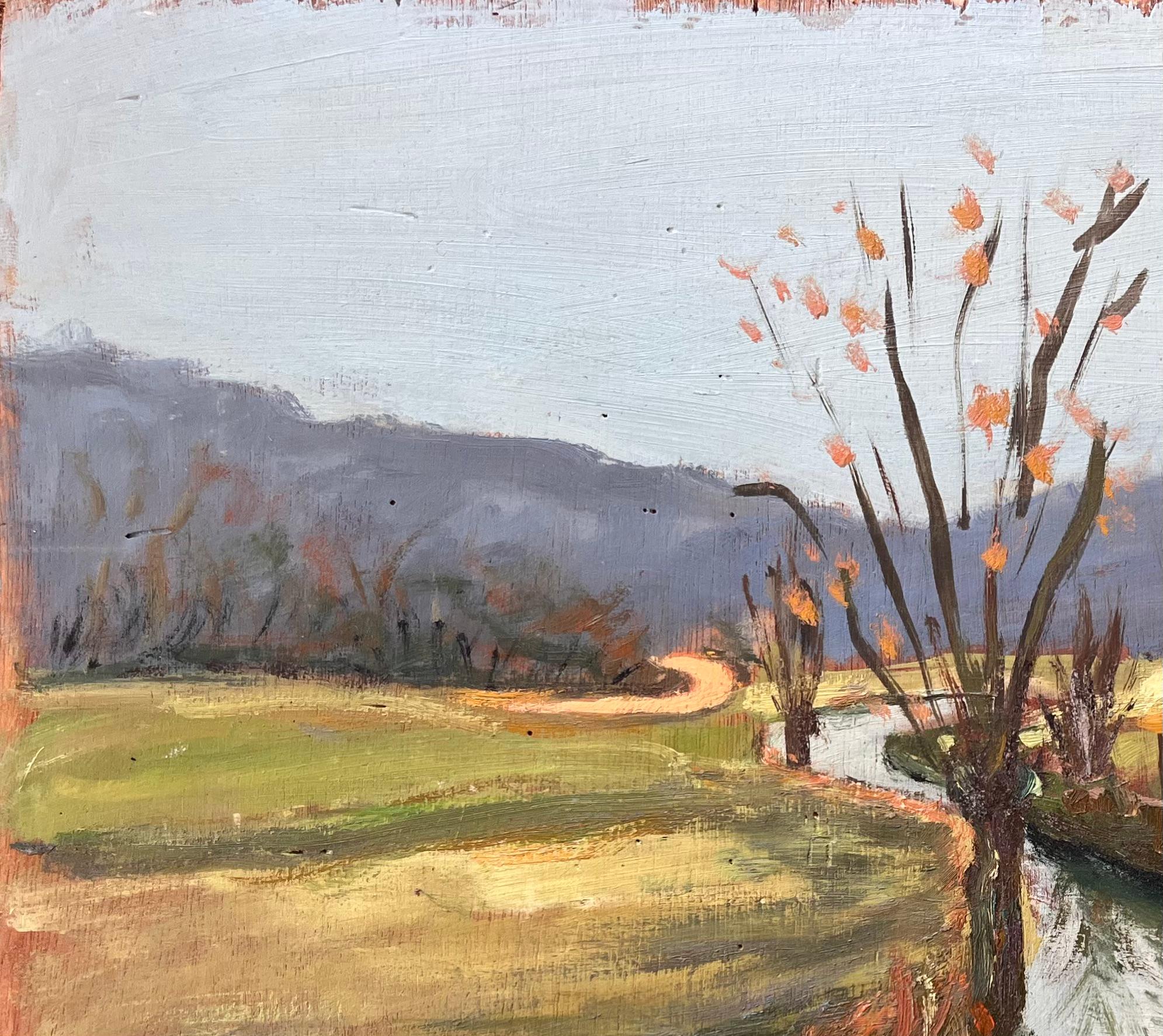 Paysage d'automne français d'un canal doublé d'arbres avec reflets et collines distances en vente 1