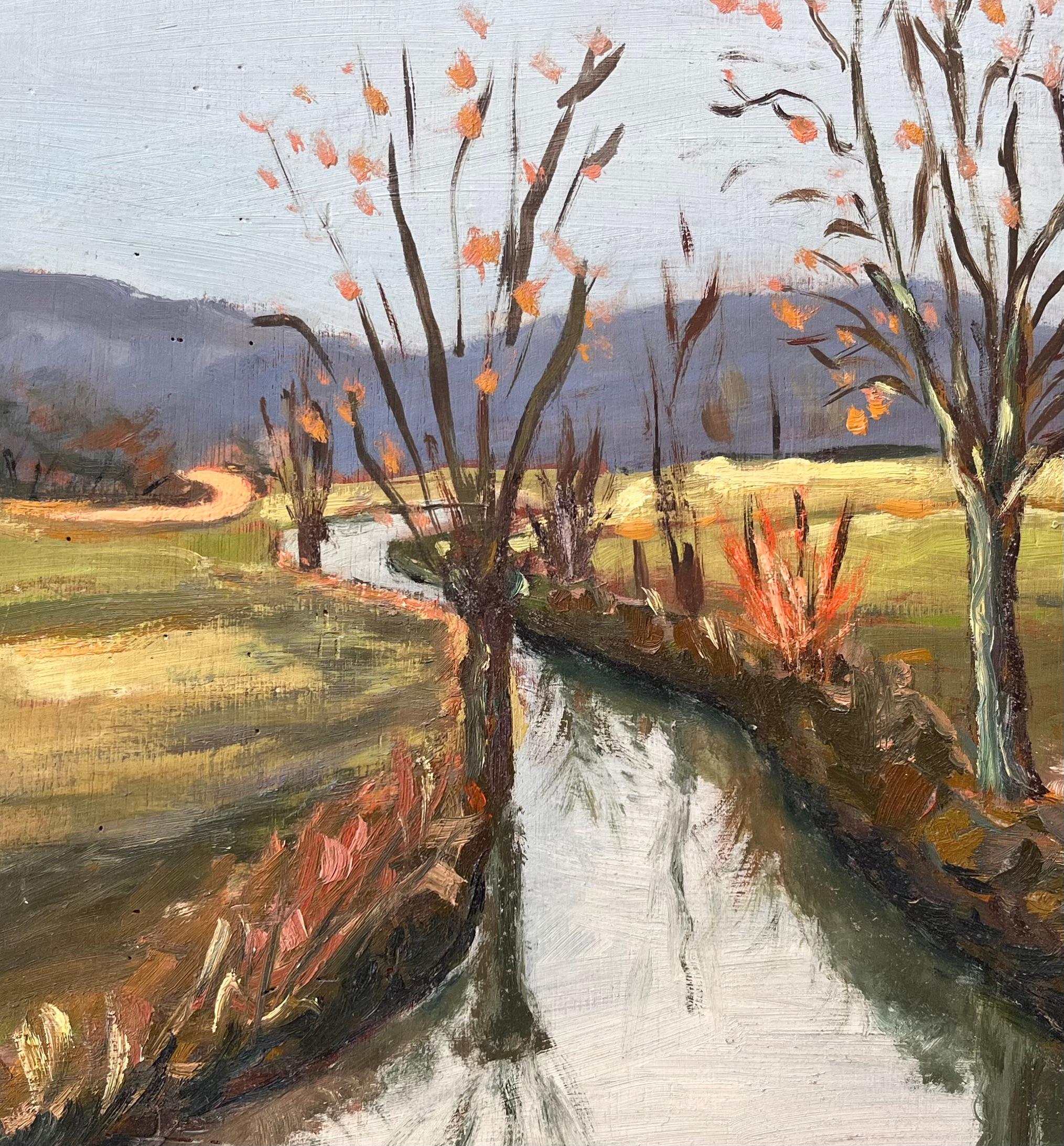 Paysage d'automne français d'un canal doublé d'arbres avec reflets et collines distances en vente 2