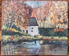 Peinture à l'huile d'un paysage d'automne français représentant un moulin de bord de rivière avec reflets