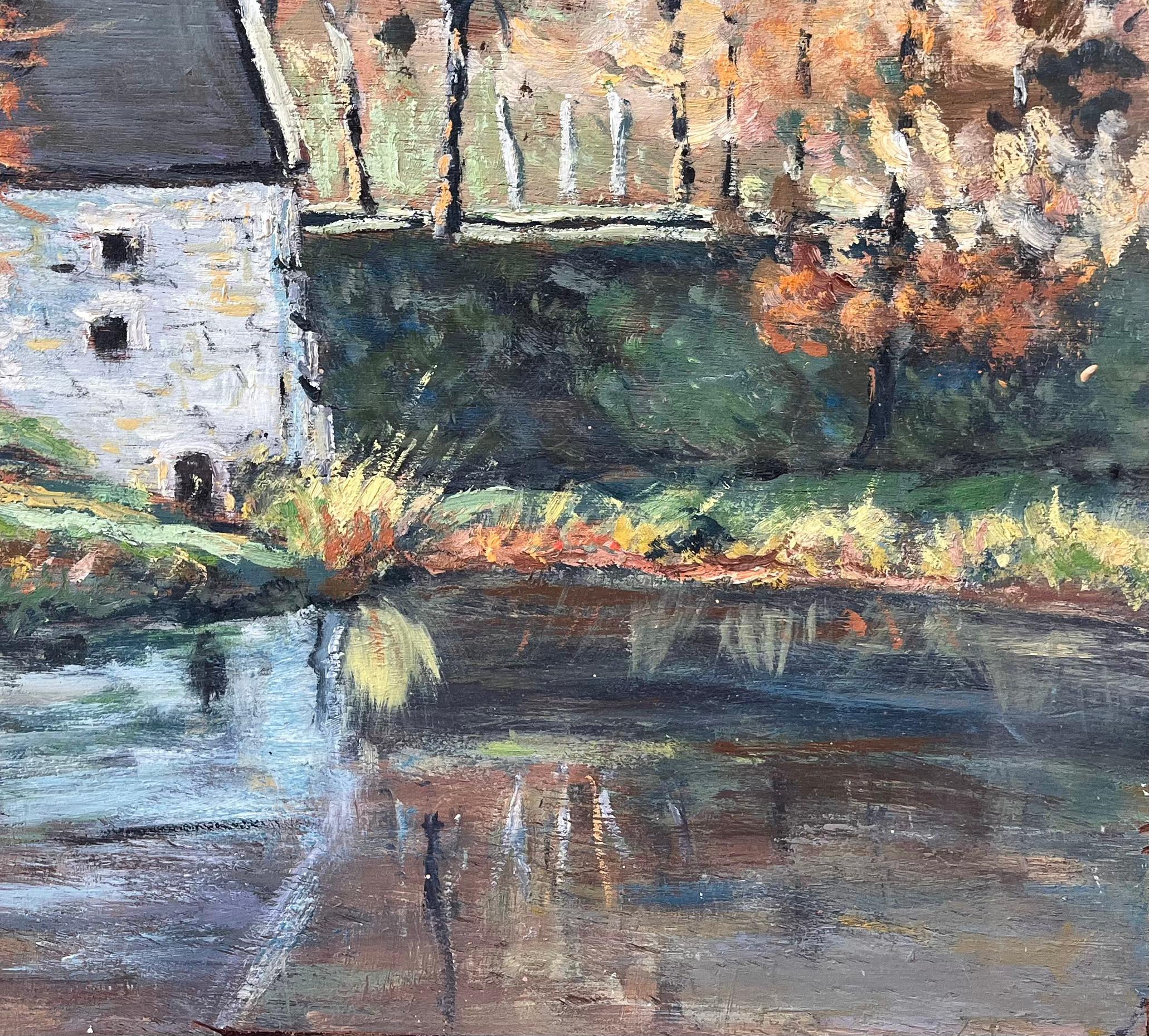 Französische Herbstlandschaft, Ölgemälde einer Flussmühle mit Reflektionen, Französische Herbstlandschaft (Impressionismus), Painting, von Fanch Lel