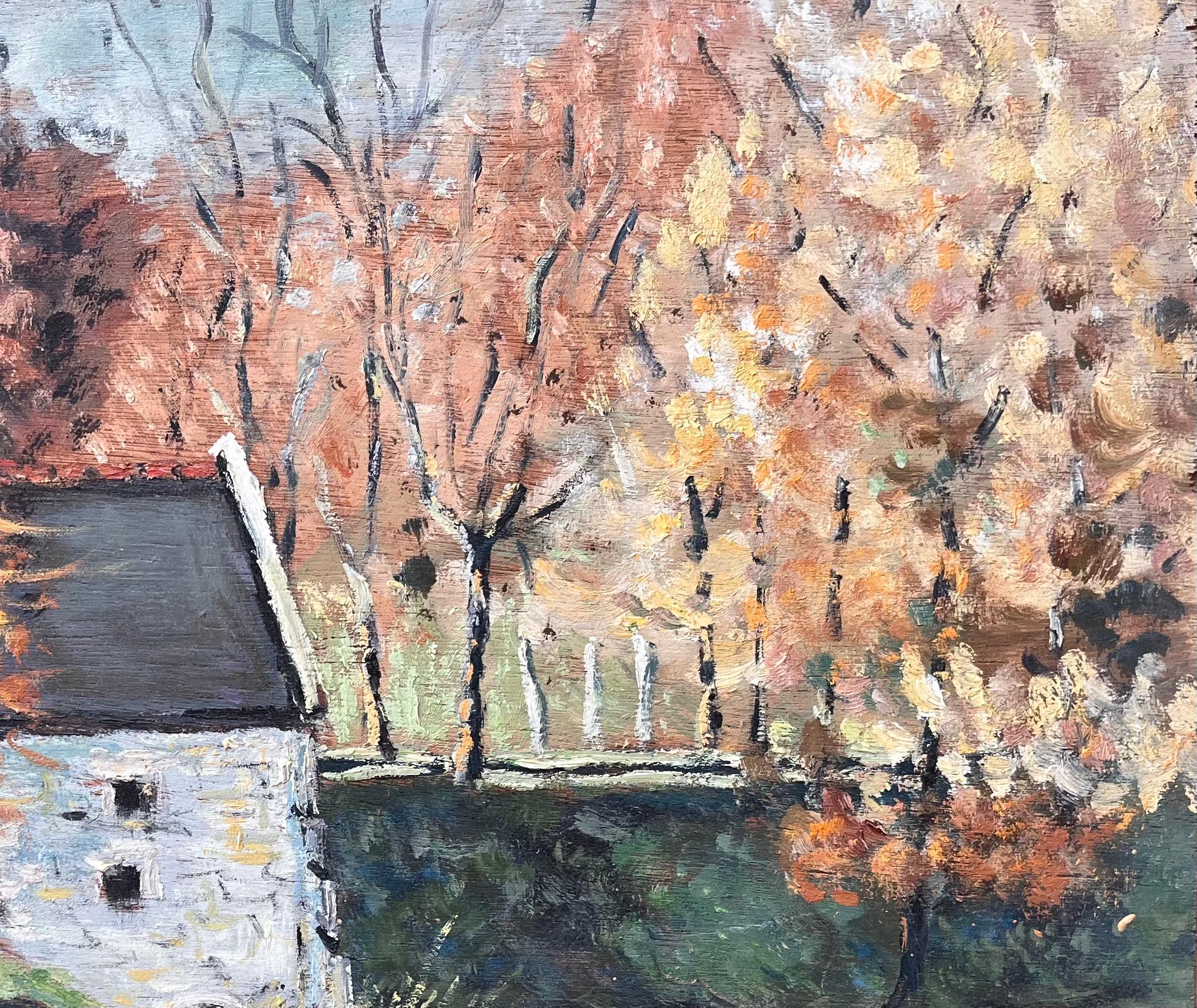 Französische Herbstlandschaft, Ölgemälde einer Flussmühle mit Reflektionen, Französische Herbstlandschaft (Braun), Abstract Painting, von Fanch Lel