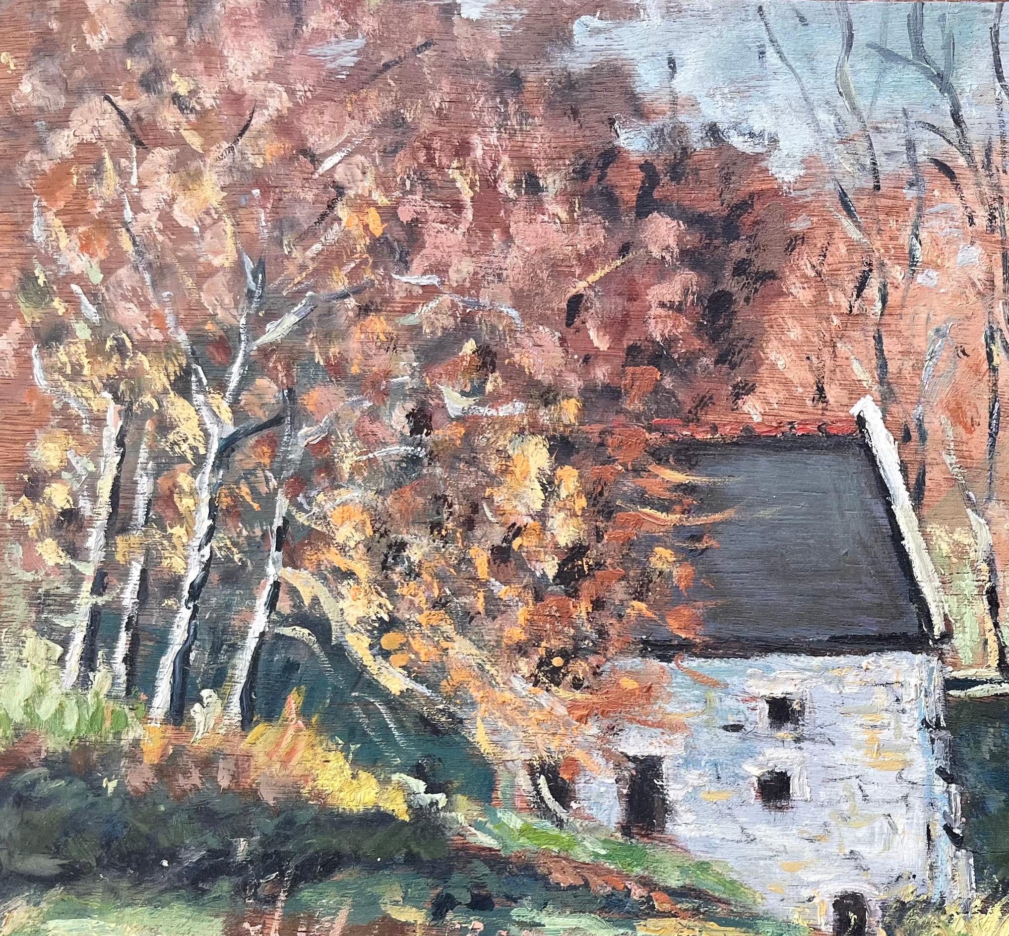 Titel: Französische Herbstlandschaft Ölgemälde von Riverside Mill mit Reflektionen
Von Fanch Lel
Größe: 15 x 18,25 Zoll (Höhe x Breite)
Ölgemälde auf Karton, ungerahmt
Zustand: Das Gemälde ist in gutem Zustand mit leichten Gebrauchsspuren an den