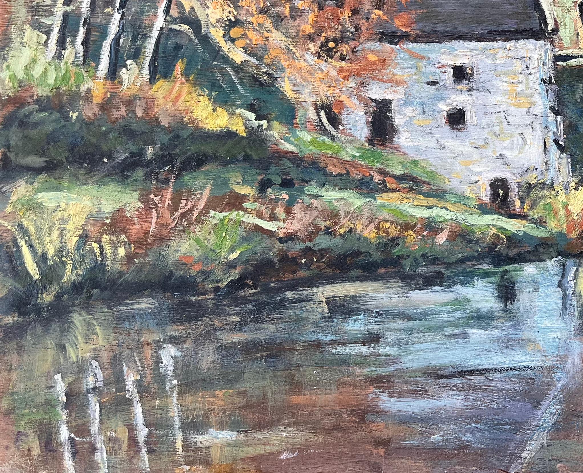 Französische Herbstlandschaft, Ölgemälde einer Flussmühle mit Reflektionen, Französische Herbstlandschaft im Angebot 1