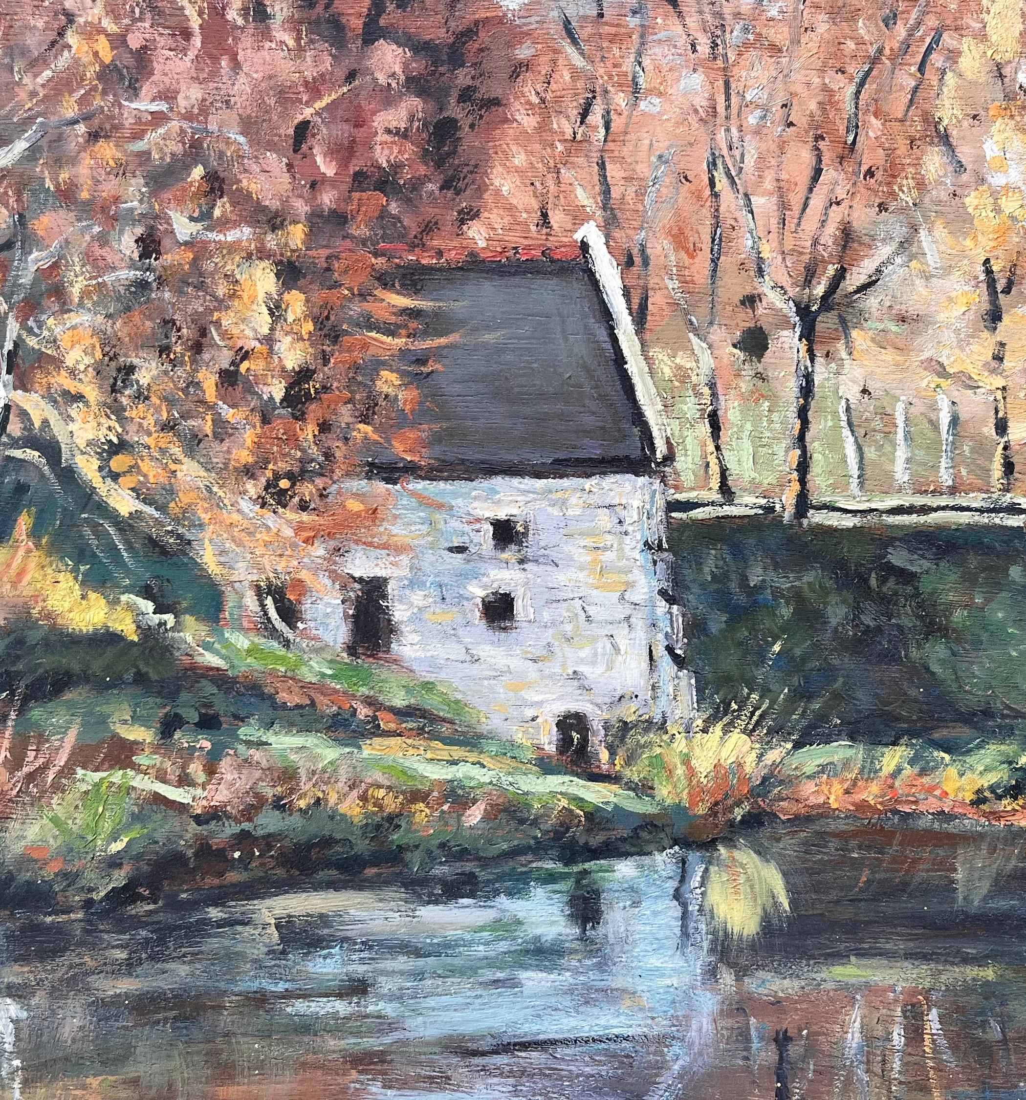 Französische Herbstlandschaft, Ölgemälde einer Flussmühle mit Reflektionen, Französische Herbstlandschaft im Angebot 2