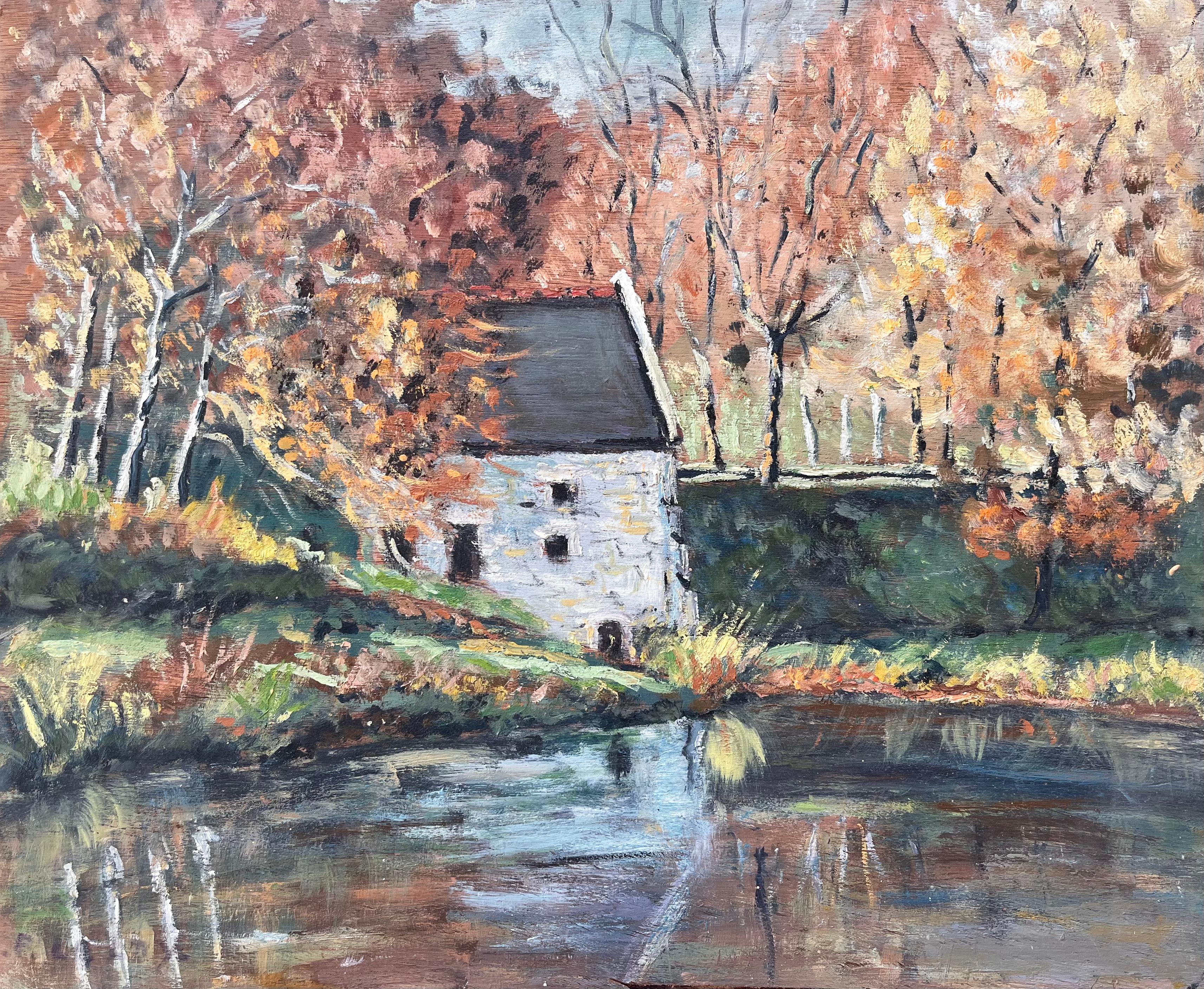 French Autumn Landscape Oil Painting of Riverside Mill with Reflections