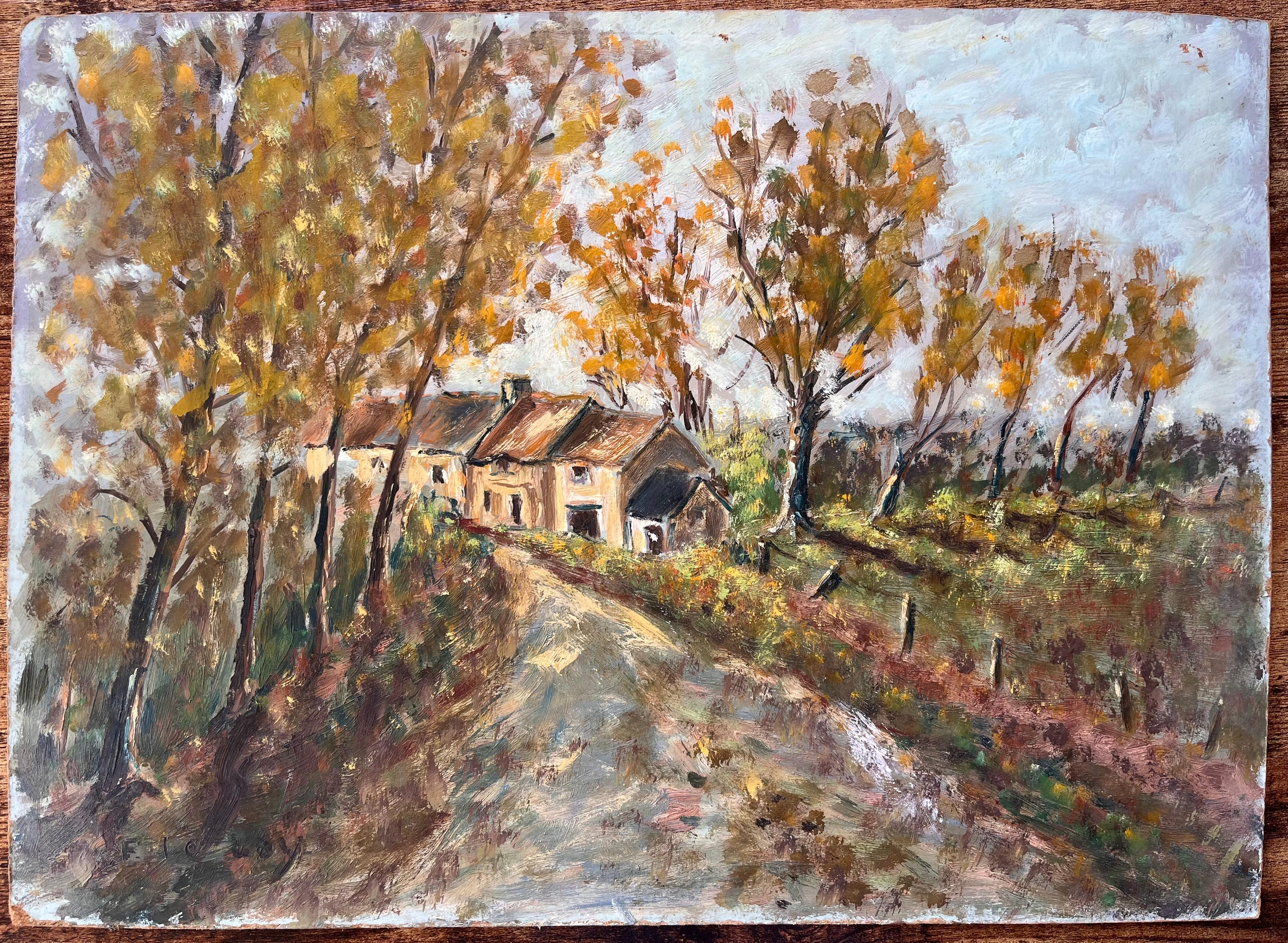 Paesaggio autunnale francese con cottage di campagna e sentiero alberato - Painting di Fanch Lel