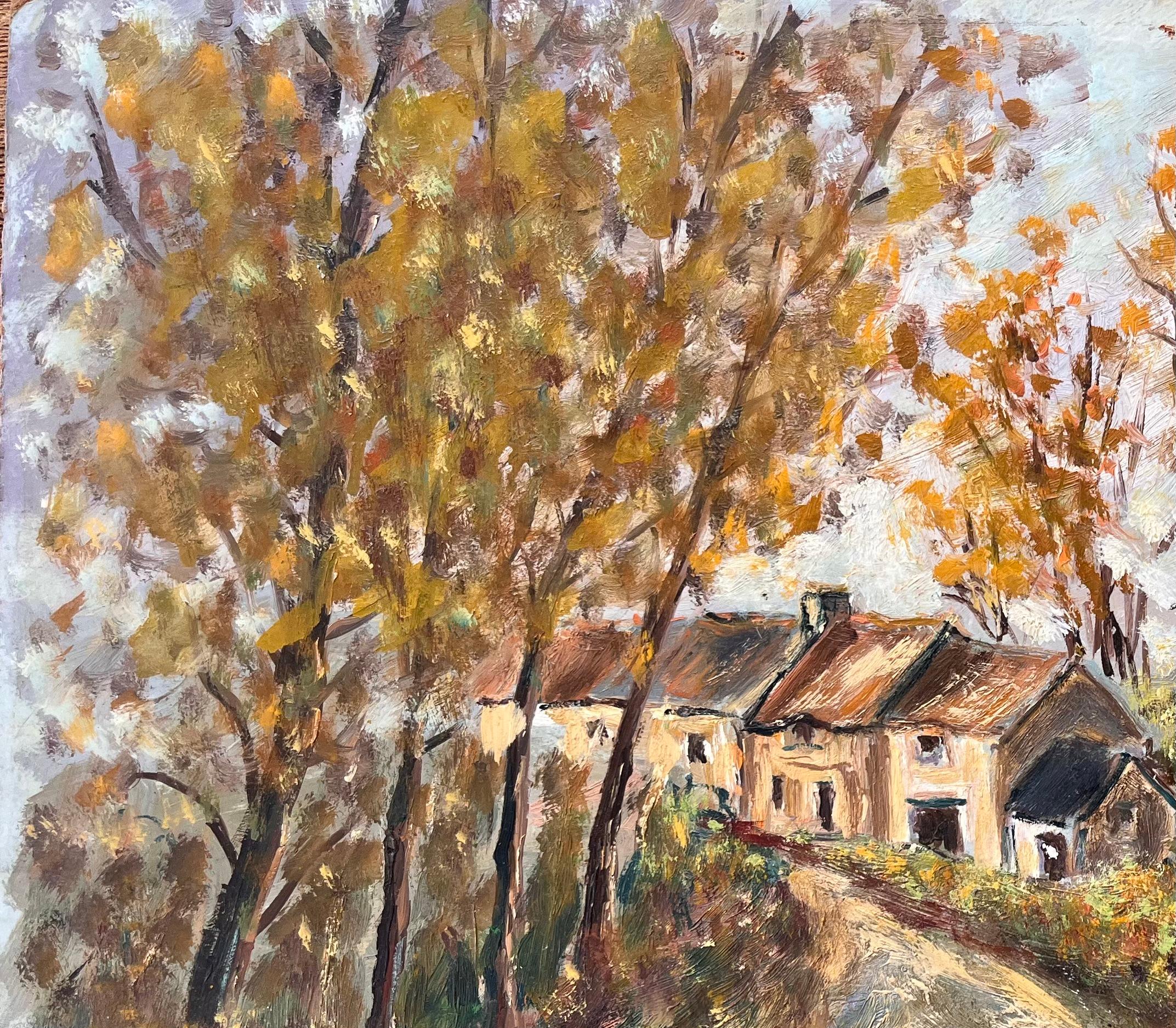 Paesaggio autunnale francese con cottage di campagna e sentiero alberato - Painting Impressionismo di Fanch Lel