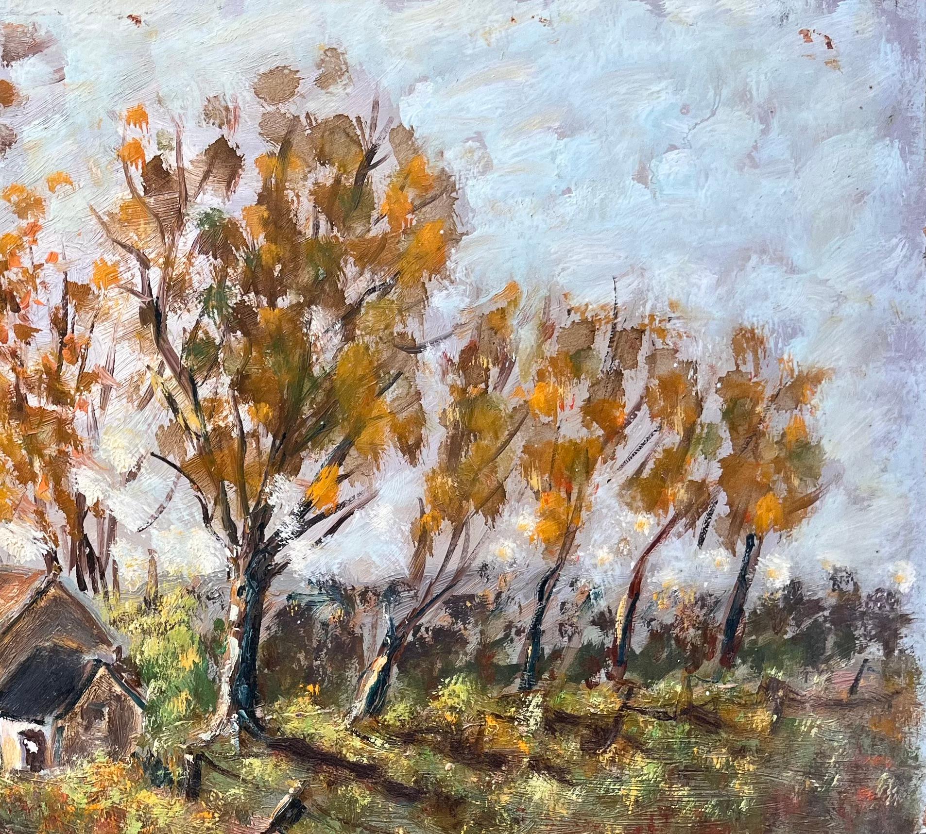 Titolo: Paesaggio autunnale francese con casette di campagna e sentieri alberati
Da Fanch Lel
Dimensioni: 13 x 18 pollici (altezza x larghezza)
Pittura a olio su tavola, senza cornice
Condit: Il dipinto è in buone condizioni e presenta una texture