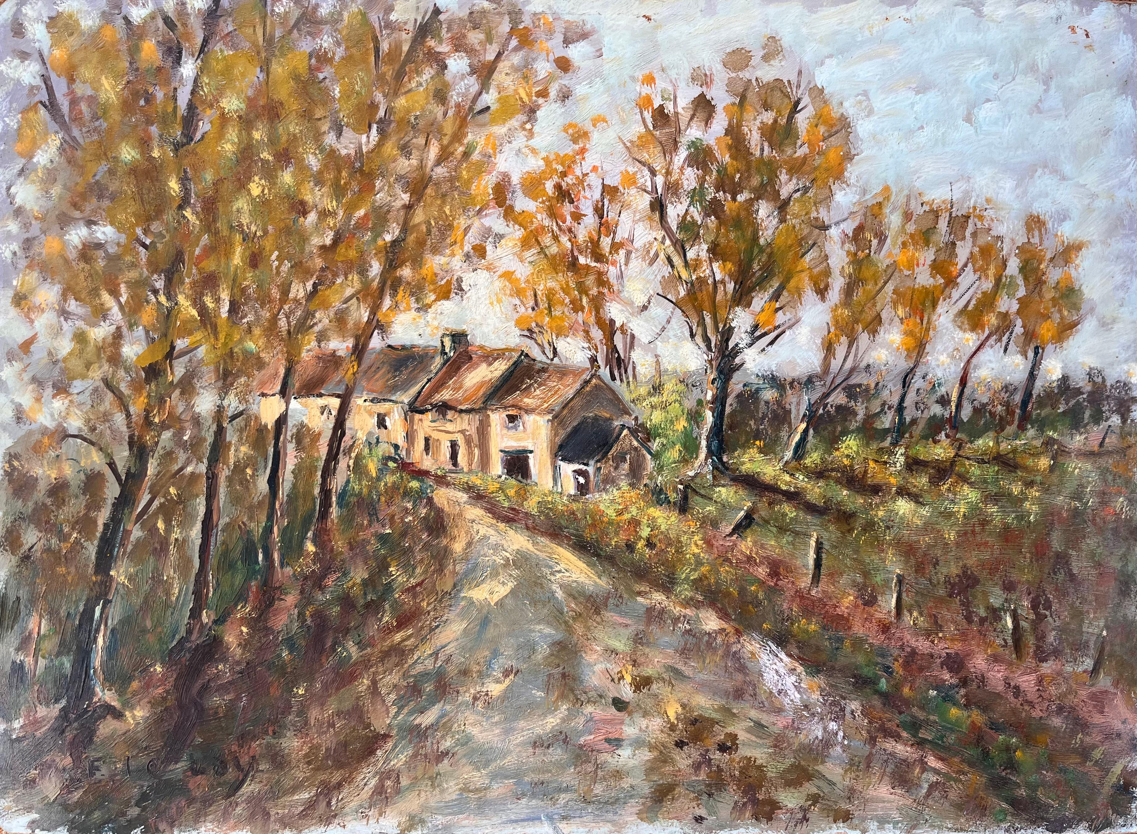 French Autumn Landscape with Country Cottages and Tree Lined Path
