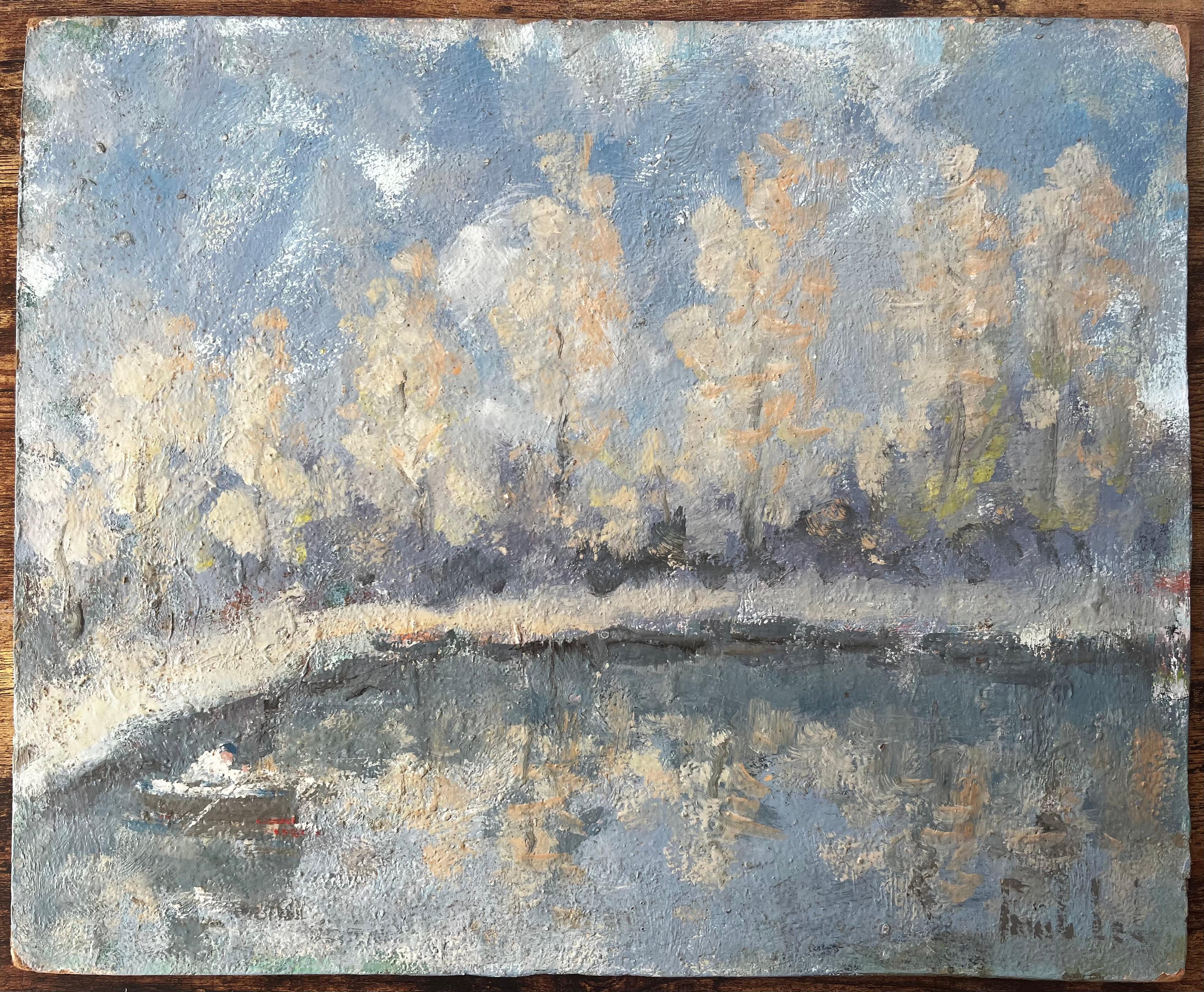 Scène de rivière d'automne avec pêcheur et peupliers réfléchis - Painting de Fanch Lel