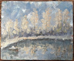 Scena fluviale autunnale francese con pescatore e pioppi riflessi