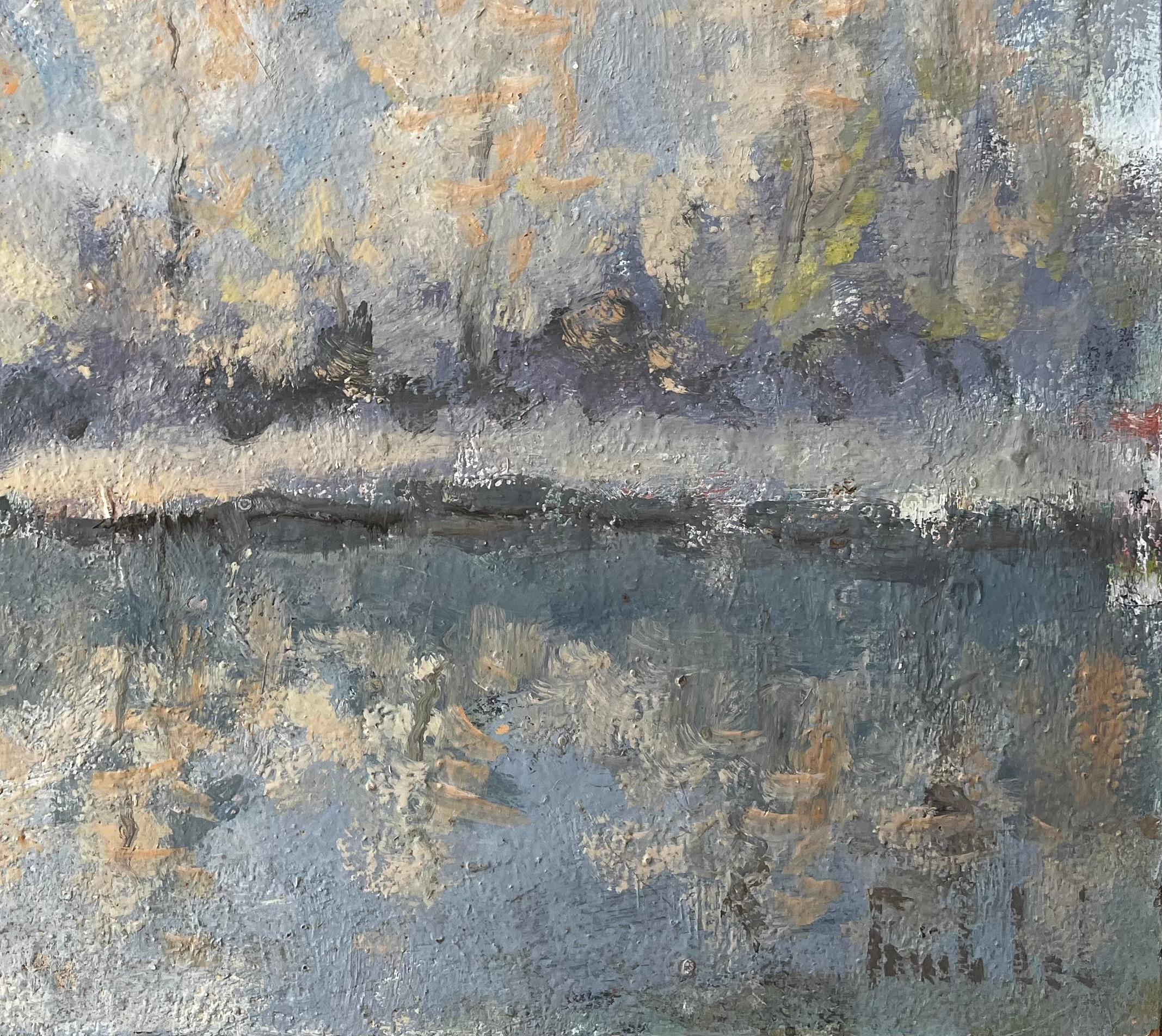 Scène de rivière d'automne avec pêcheur et peupliers réfléchis - Impressionnisme Painting par Fanch Lel