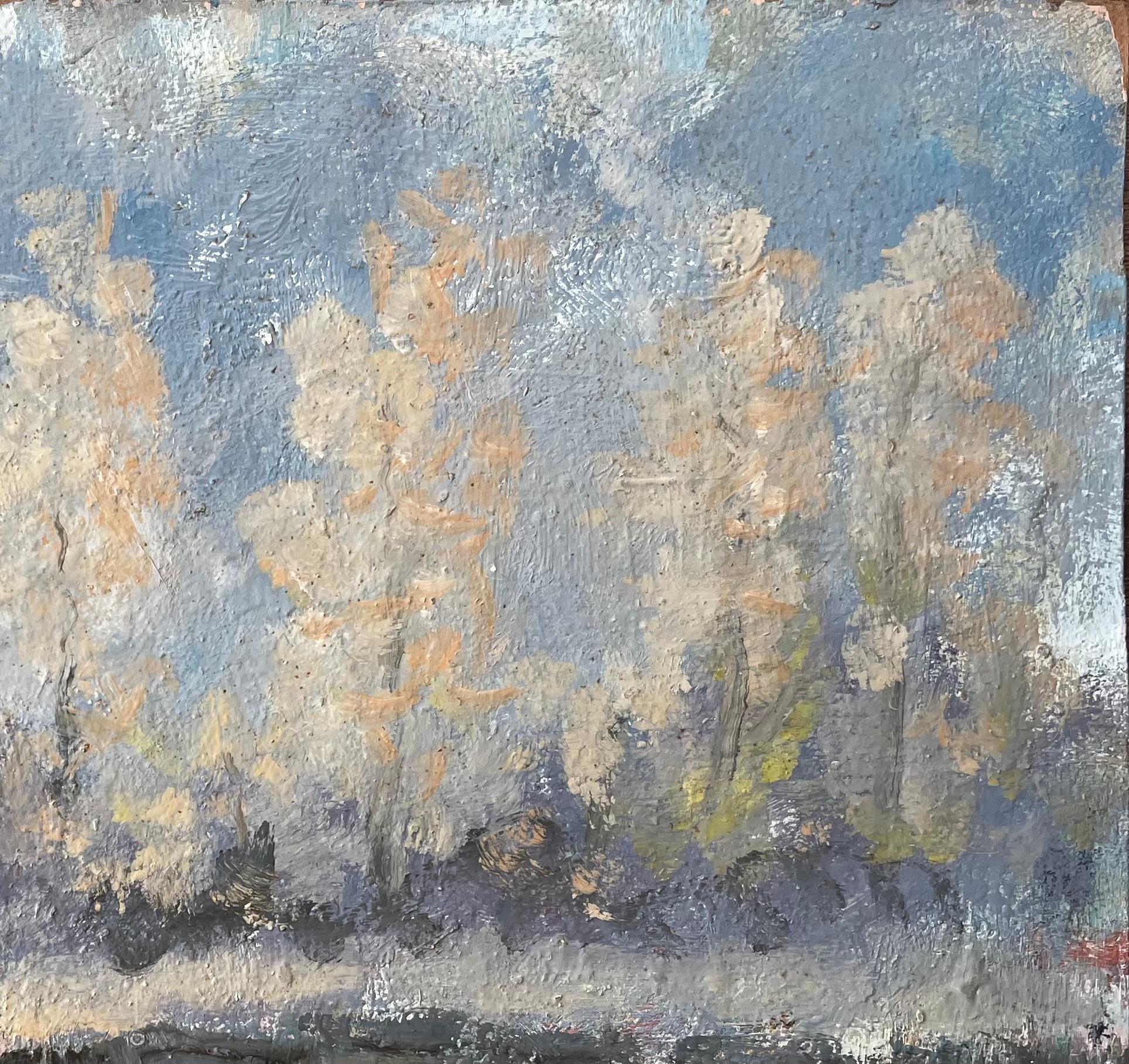 Scène de rivière d'automne avec pêcheur et peupliers réfléchis - Gris Landscape Painting par Fanch Lel