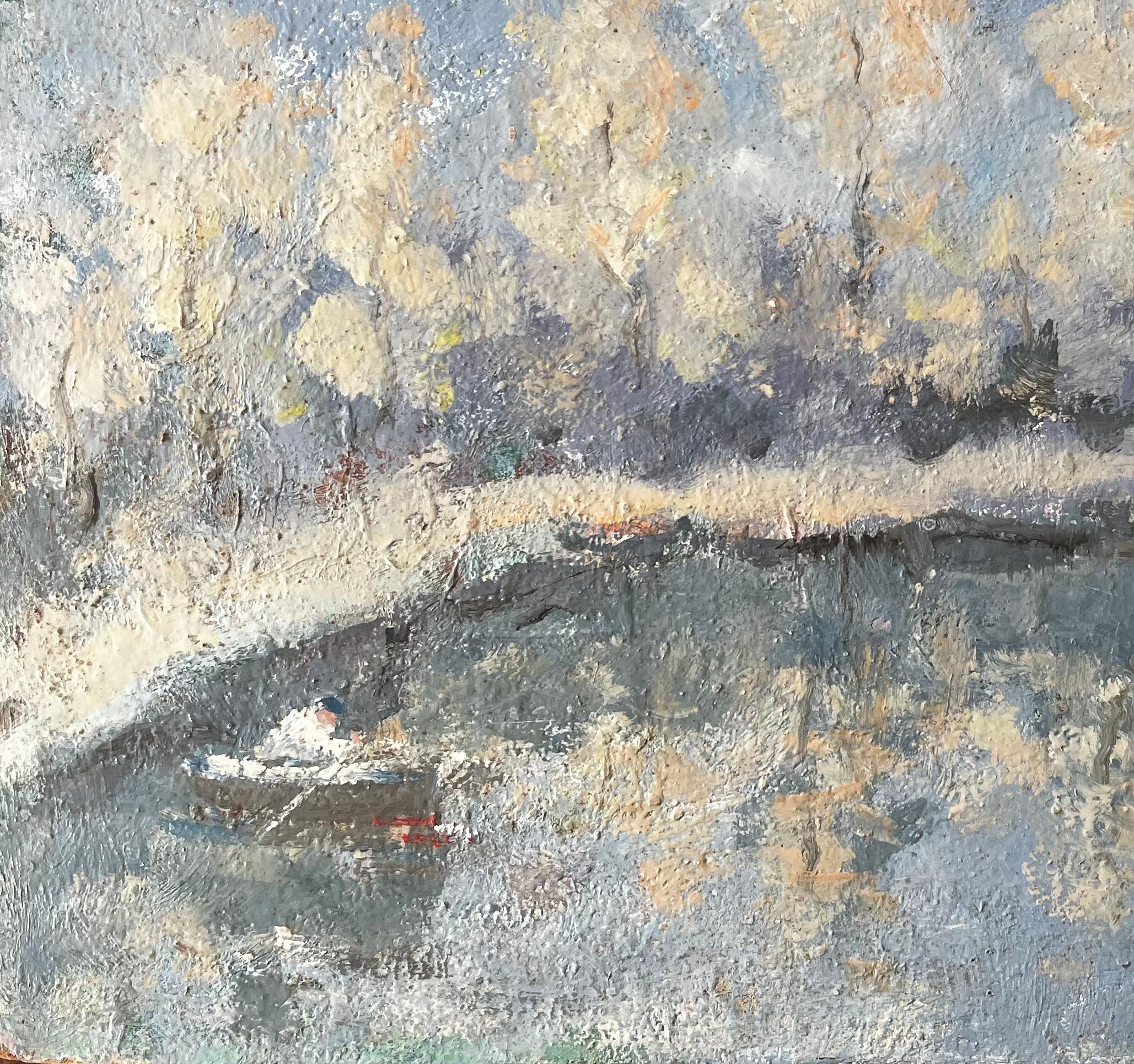 Titre : Scène de rivière française d'automne avec pêcheur et peupliers réfléchis
par Fanch Lel
Signé : Coin inférieur droit
Taille : 14.5 x 18 pouces (hauteur x largeur)
Peinture à l'huile sur carton, non encadrée
Condit : Bon état général. Légères