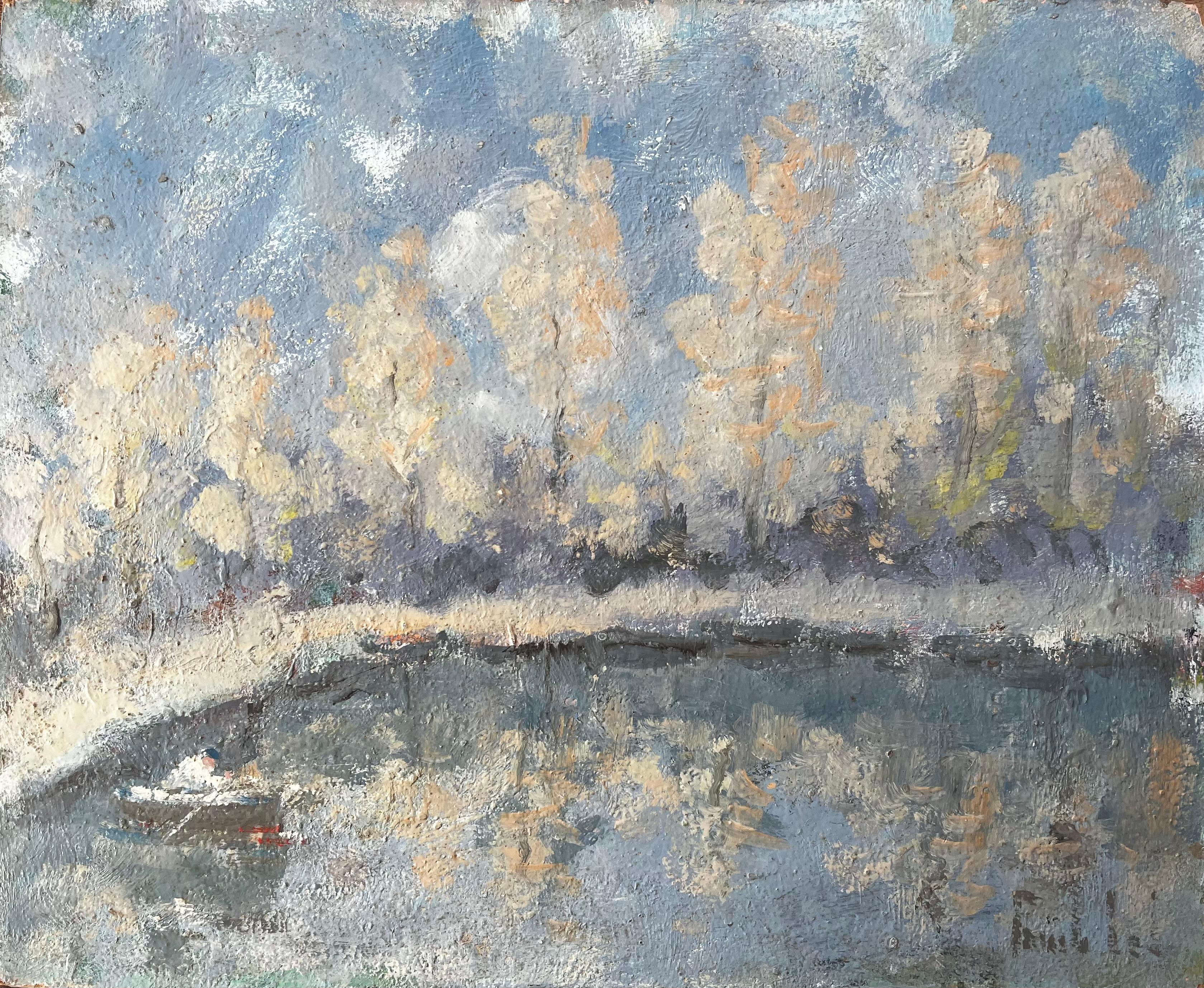 Landscape Painting Fanch Lel - Scène de rivière d'automne avec pêcheur et peupliers réfléchis