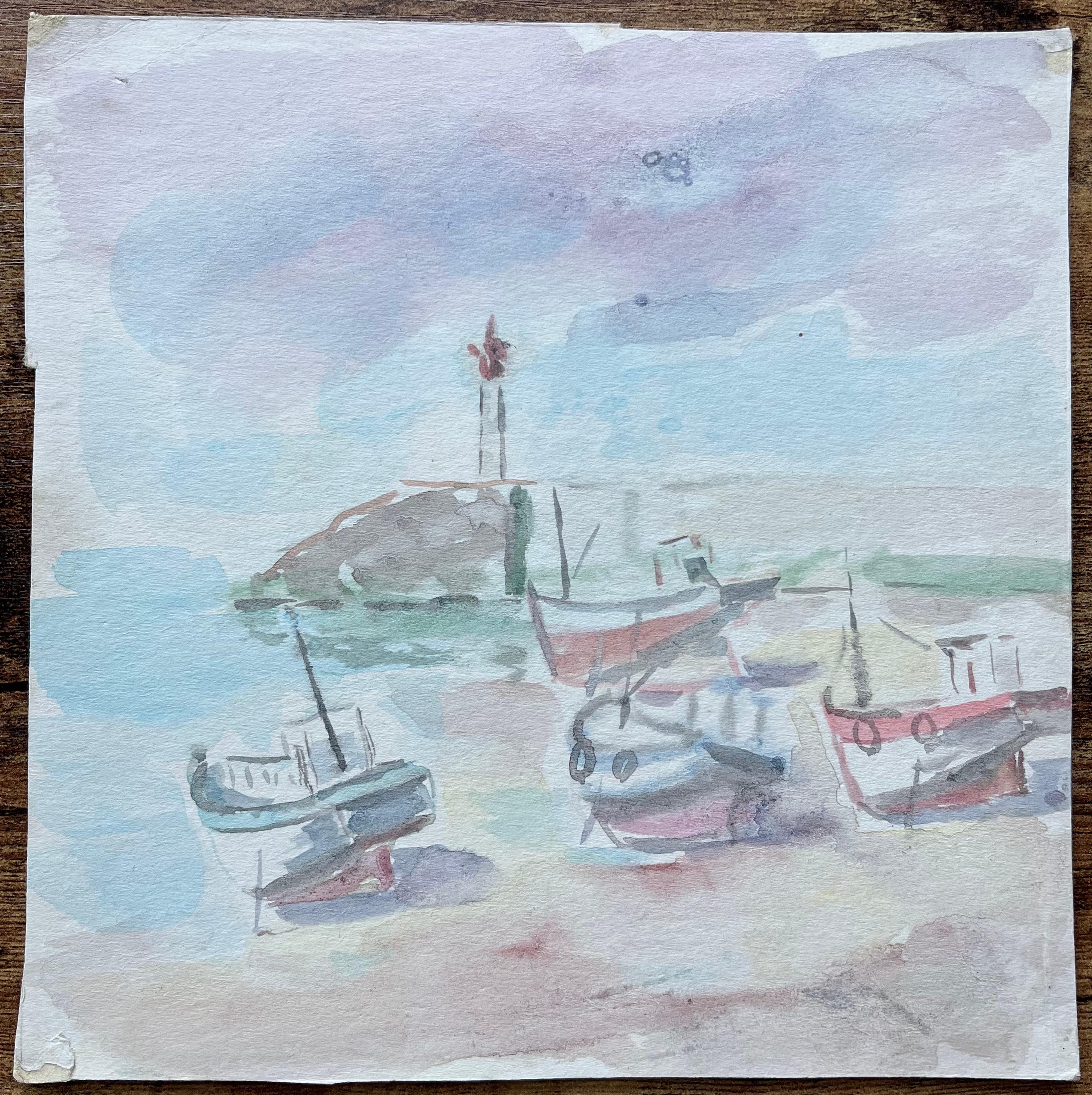 Französische Boote in niedrigem Tide mit pastellfarbenem Himmels-Aquarellgemälde – Painting von Fanch Lel