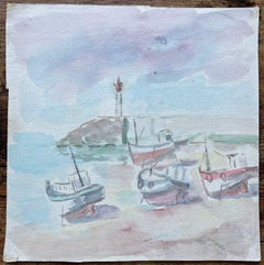 French Boats at Low Tide with Pastel Sky Watercolour Painting