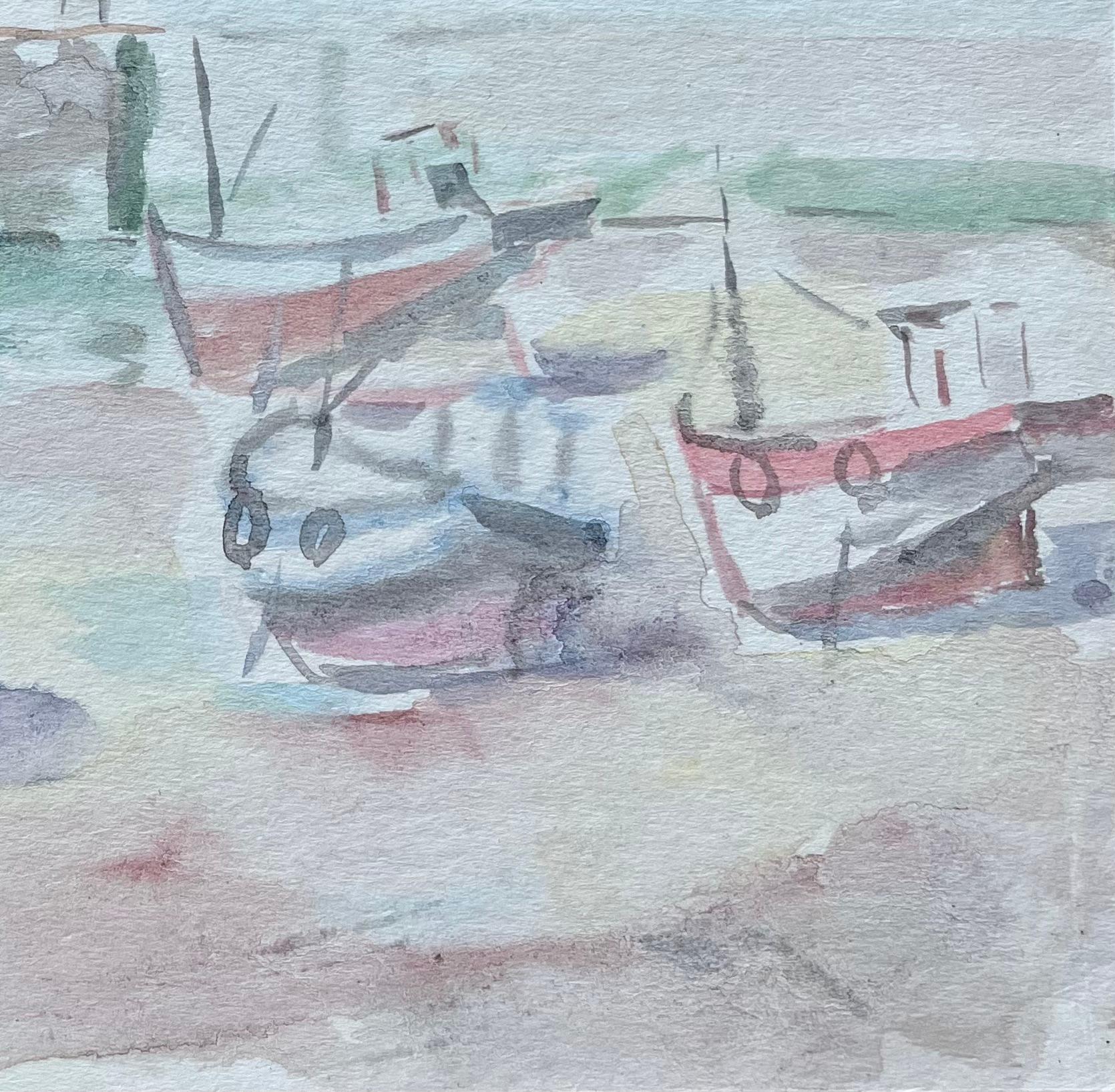 Französische Boote in niedrigem Tide mit pastellfarbenem Himmels-Aquarellgemälde (Impressionismus), Painting, von Fanch Lel