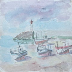 Barcos franceses en marea baja con cielo de pastel Pintura a la acuarela