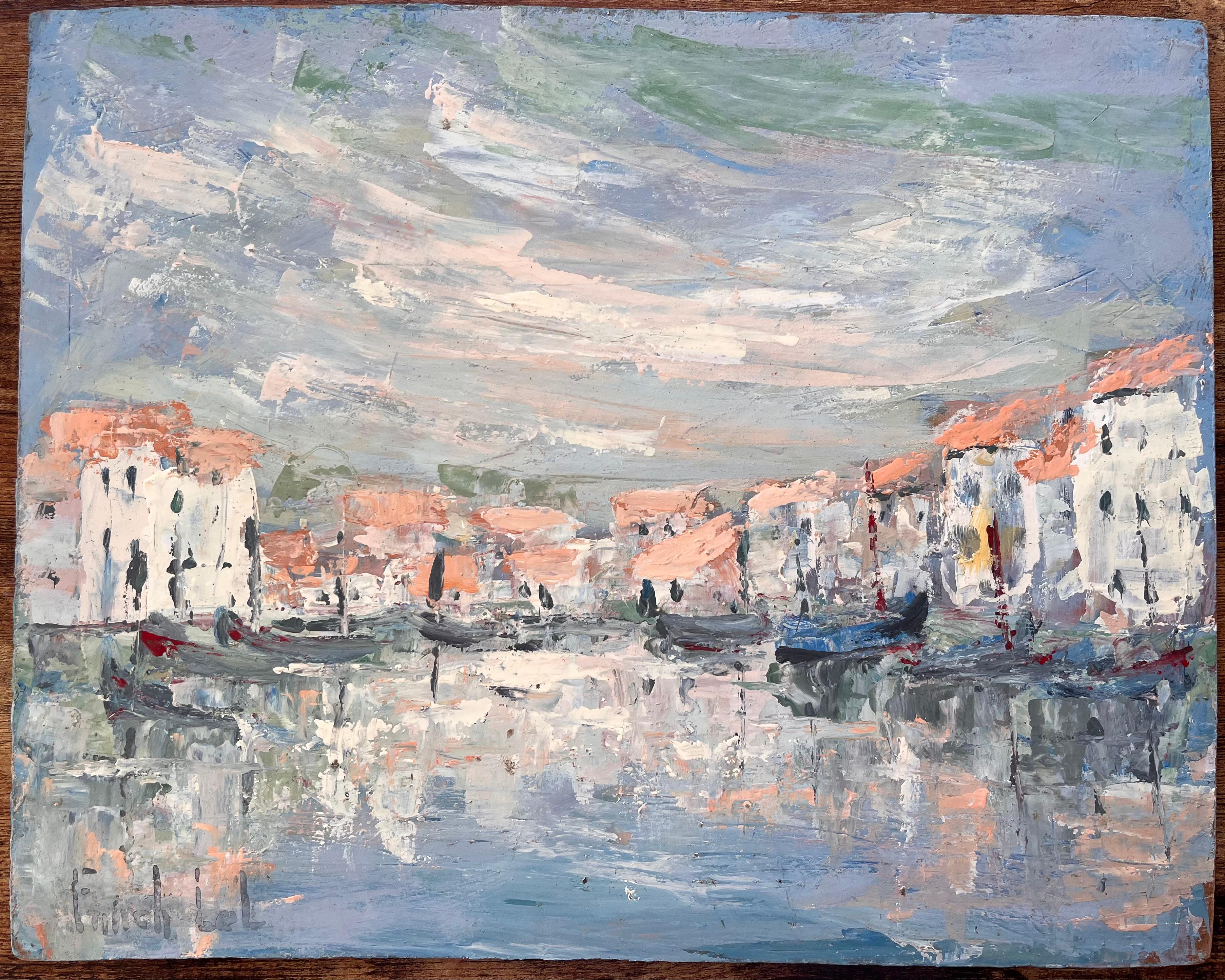 French Canal Scene Oil Painting of Whitewashed Buildings Gondolas and Reflection - Gray Landscape Painting by Fanch Lel