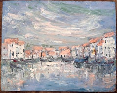 French Canal Scene Oil Painting of Whitewashed Buildings Gondolas and Reflection