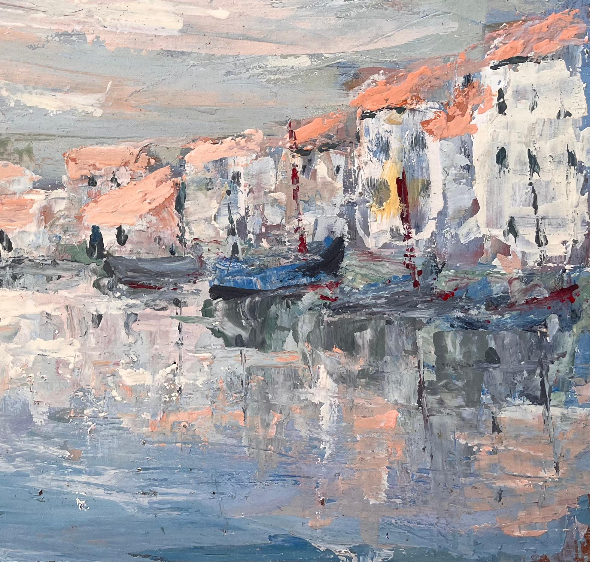 French Canal Scene Oil Painting of Whitewashed Buildings Gondolas and Reflection For Sale 1