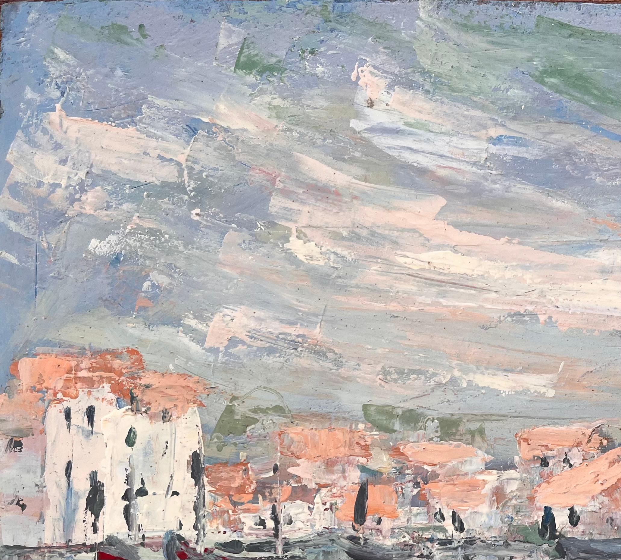 French Canal Scene Oil Painting of Whitewashed Buildings Gondolas and Reflection For Sale 3