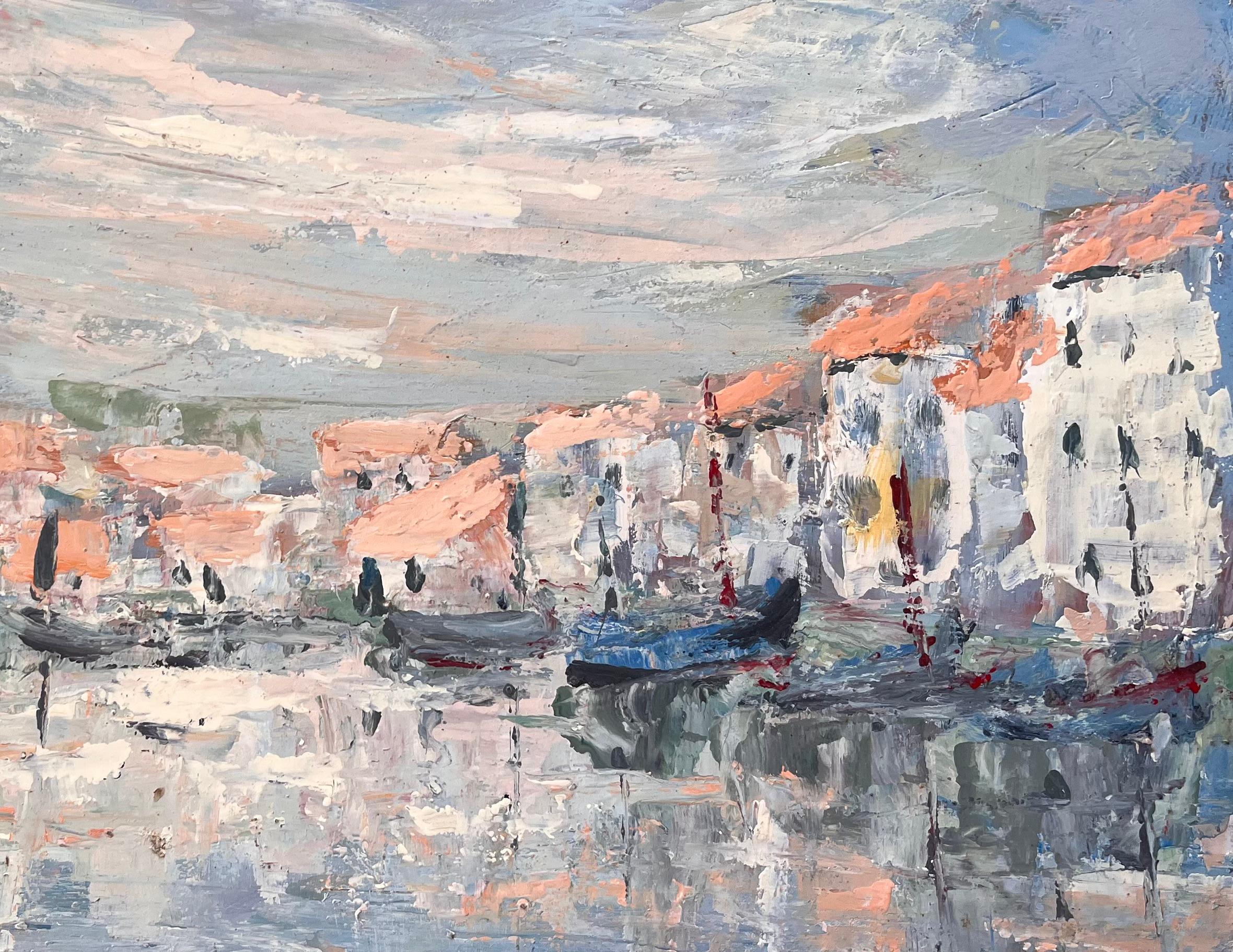 French Canal Scene Oil Painting of Whitewashed Buildings Gondolas and Reflection For Sale 4