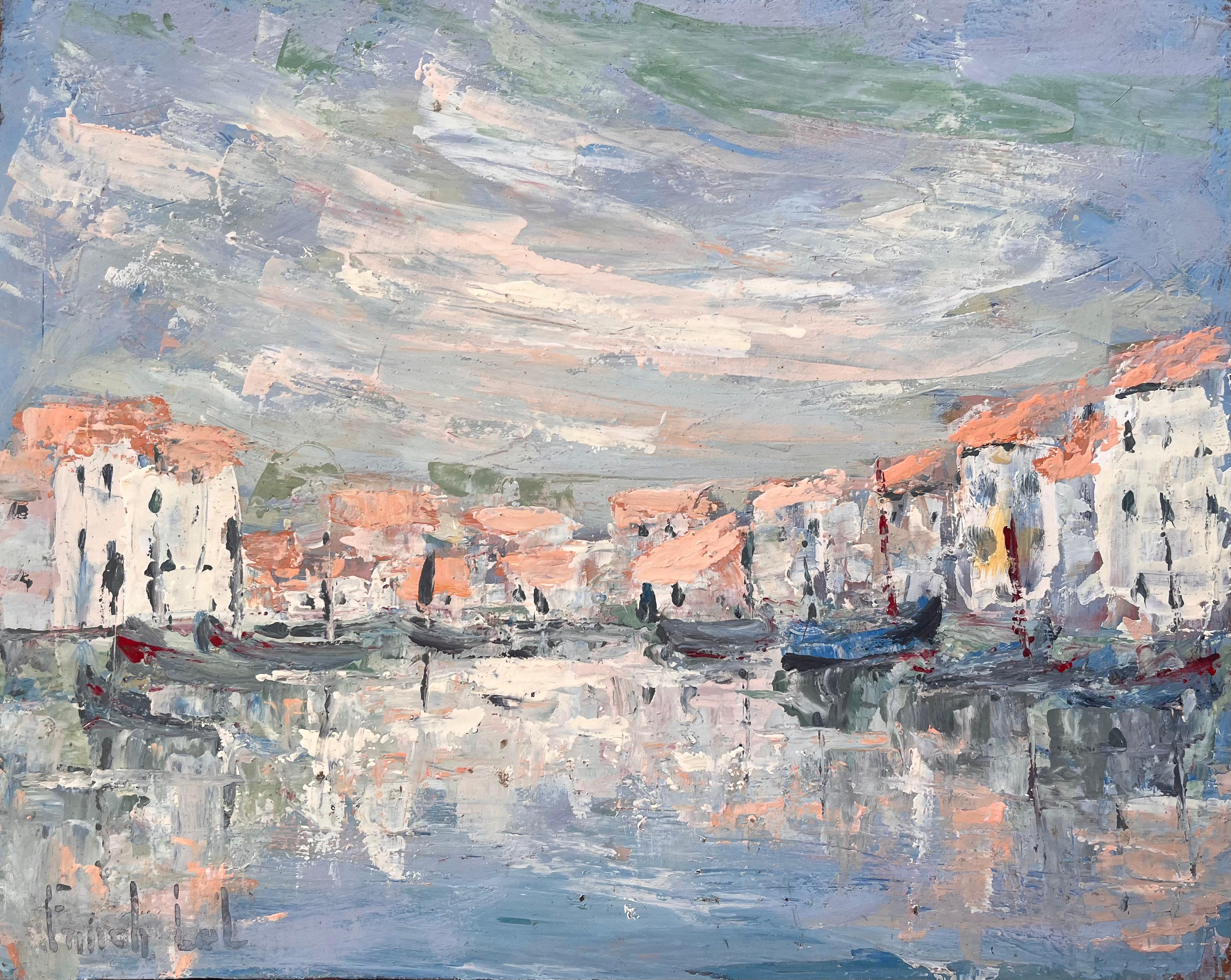 Französische Canal-Szene, Ölgemälde von weiß getünchten Gebäuden, Gondolas und Reflection
