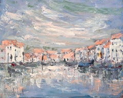 Peinture à l'huile d'une scène de canaux français représentant des gondoles et des gondoles blanchies à la chaux
