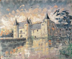 French Chateau Castle With Turrets Reflected In Water At Sunset Impressionist