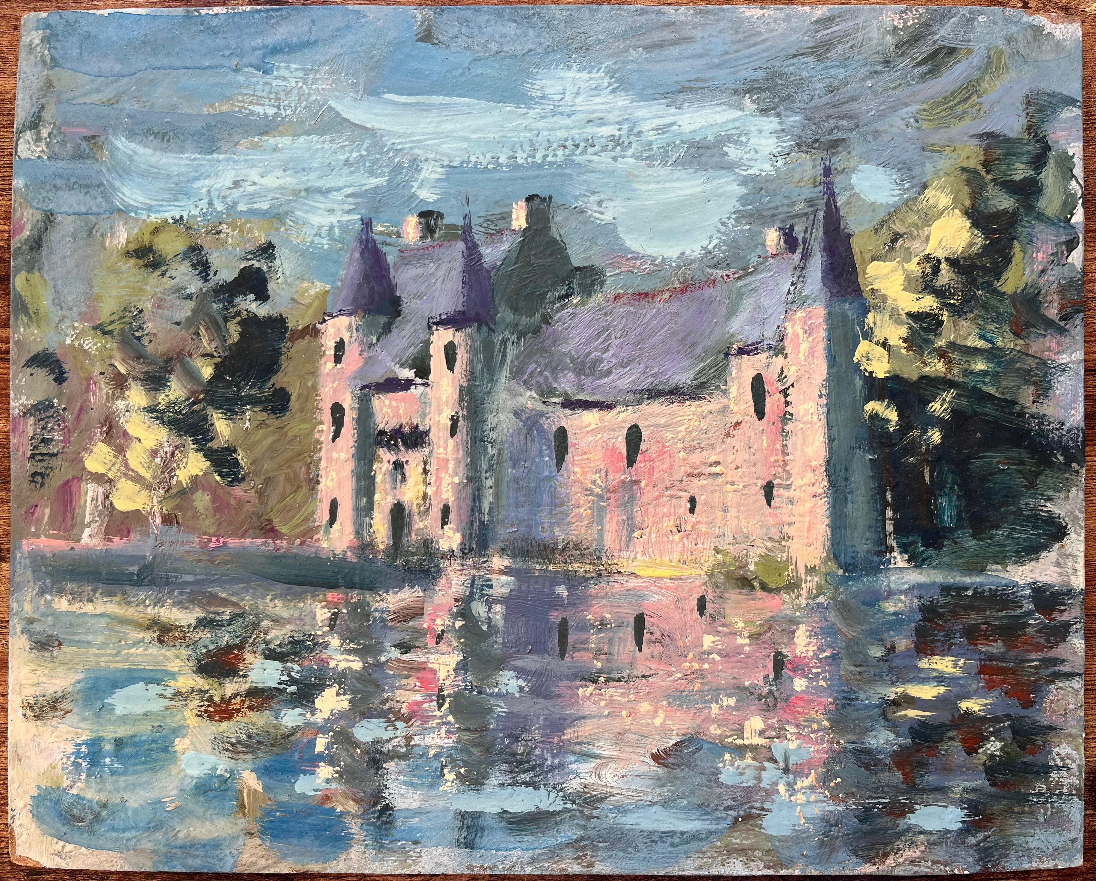 Peinture à l'huile d'un paysage de château français avec reflet dans un lac et tour à tourelles - Painting de Fanch Lel