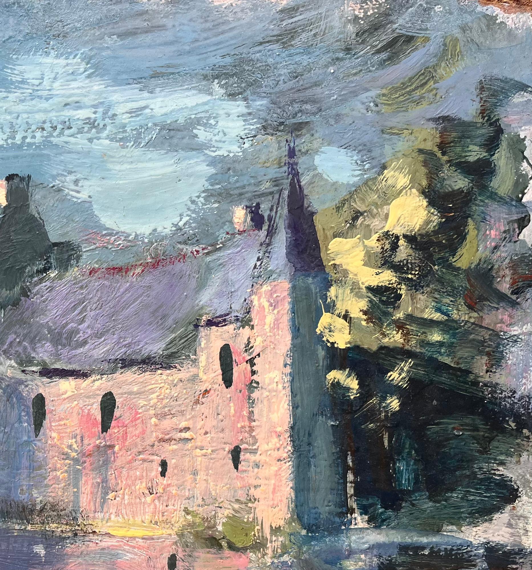 Titre : Peinture à l'huile d'un paysage de château français avec reflet dans un lac et tours à tourelles
Par Fanch Lel
Taille : 13.25 x 16.25 pouces (hauteur x largeur)
Peinture à l'huile sur carton, non encadrée
Condit : La peinture est en bon