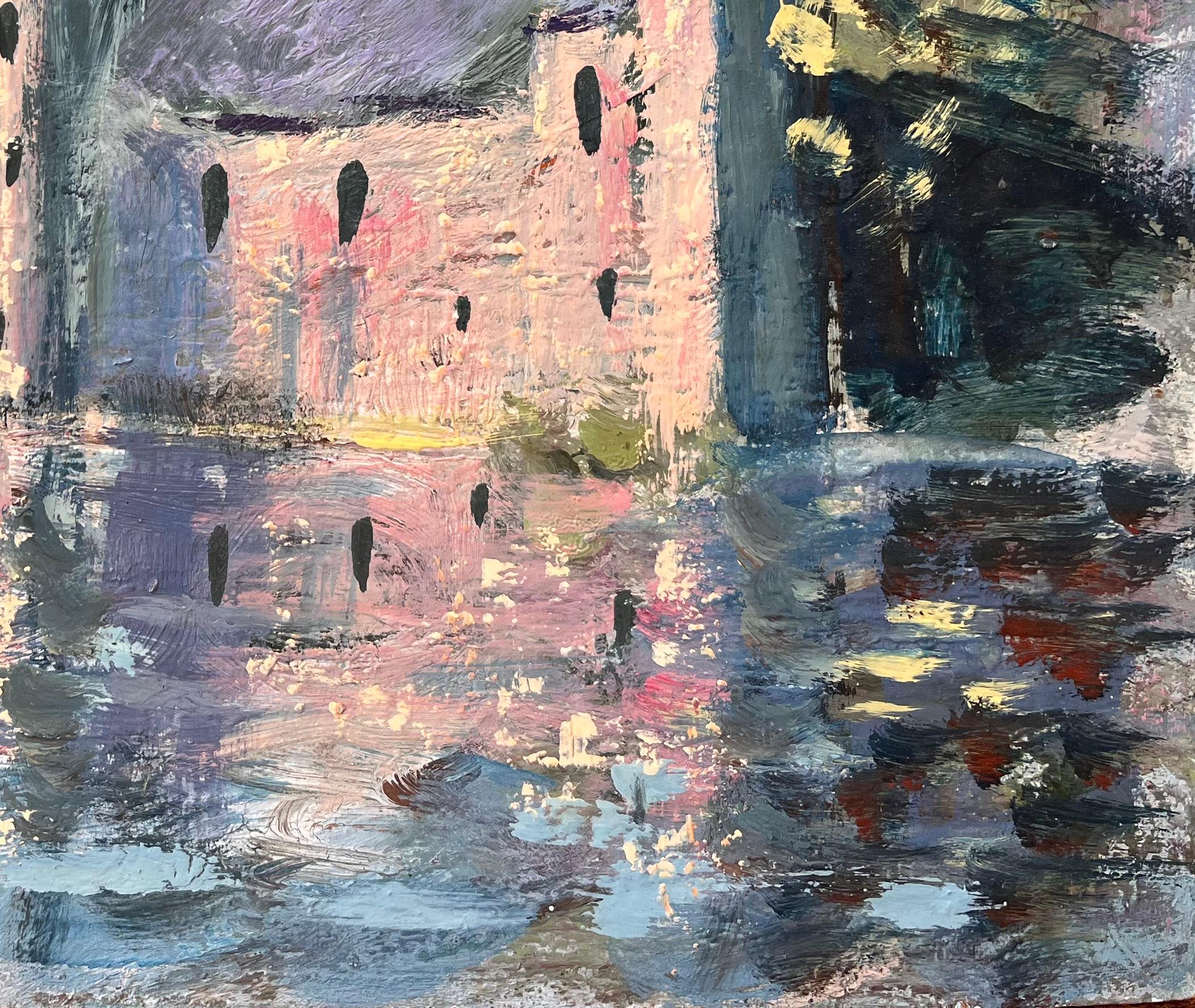 Peinture à l'huile d'un paysage de château français avec reflet dans un lac et tour à tourelles en vente 1