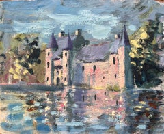 French Château Landscape Oil Painting with Reflection in Lake and Turreted Tower