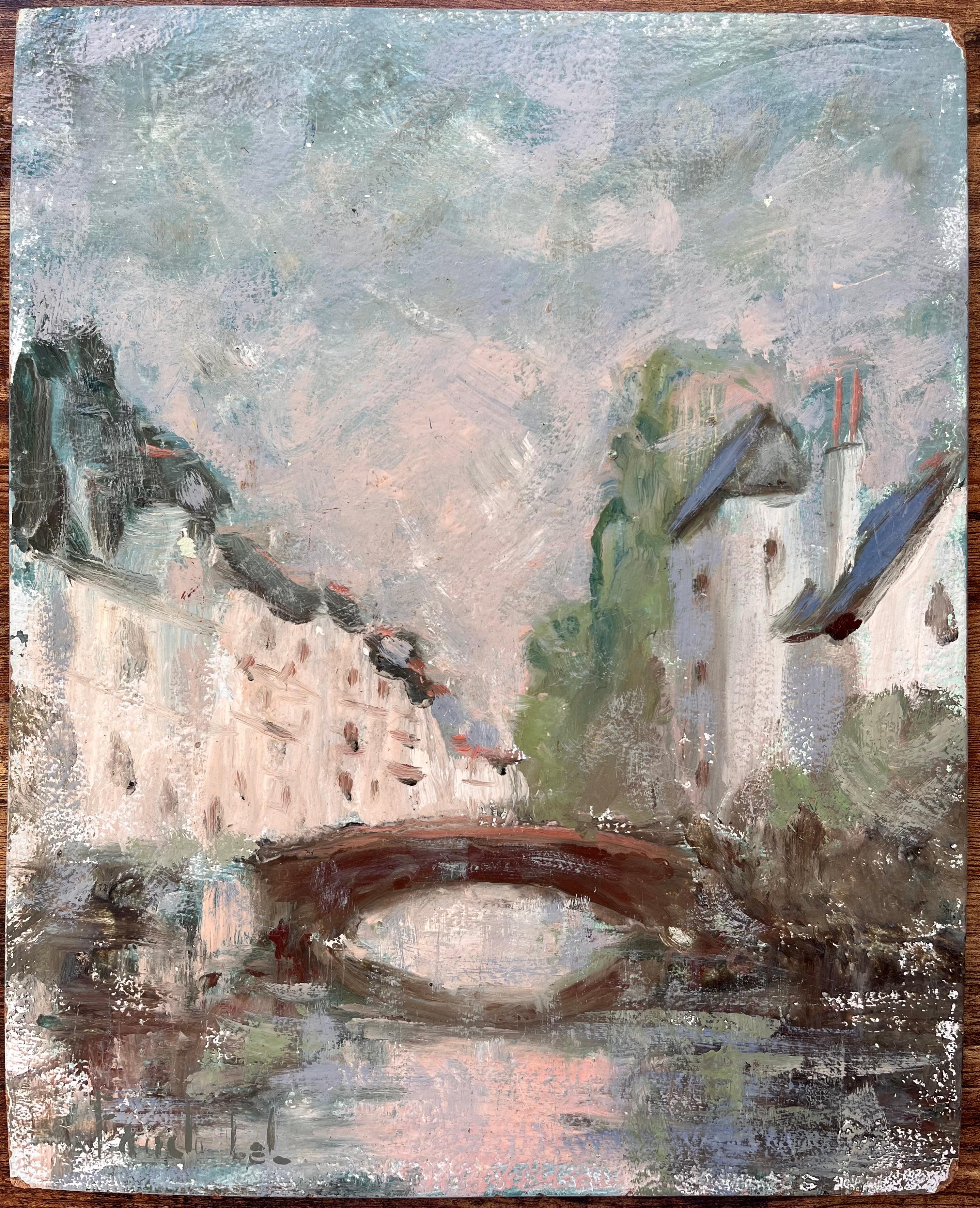 Peinture à l'huile de paysage urbain français représentant le pont du Canal et l'architecture historique - Painting de Fanch Lel
