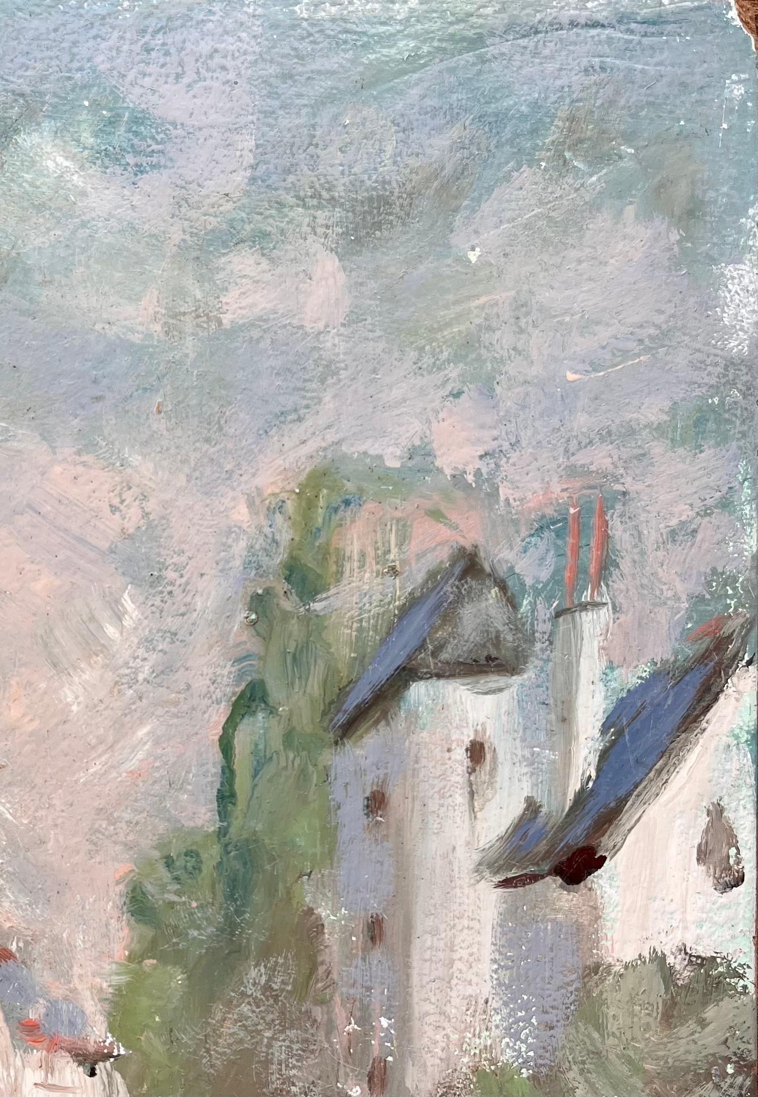 Peinture à l'huile de paysage urbain français représentant le pont du Canal et l'architecture historique - Gris Abstract Painting par Fanch Lel