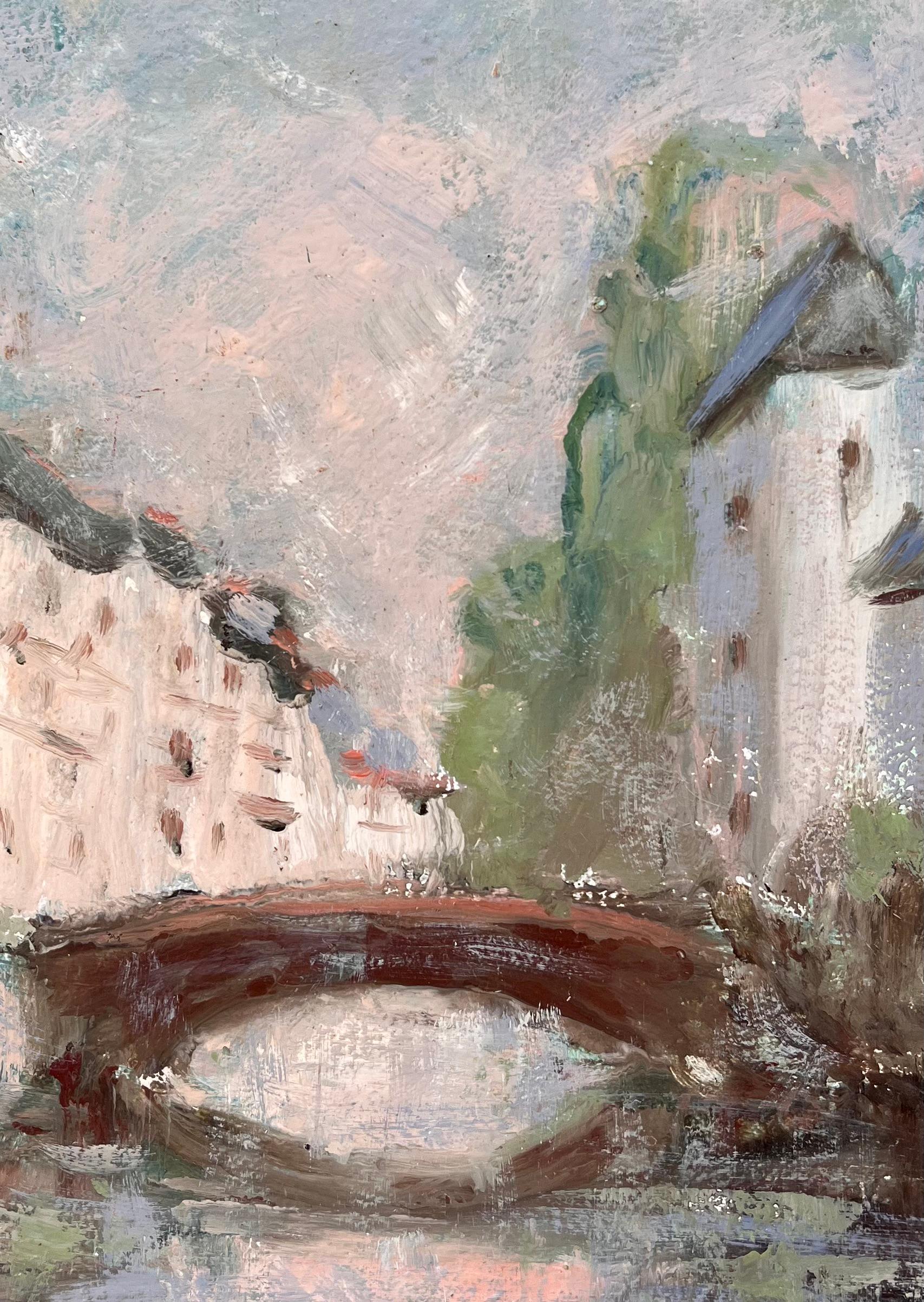 Peinture à l'huile de paysage urbain français représentant le pont du Canal et l'architecture historique en vente 2