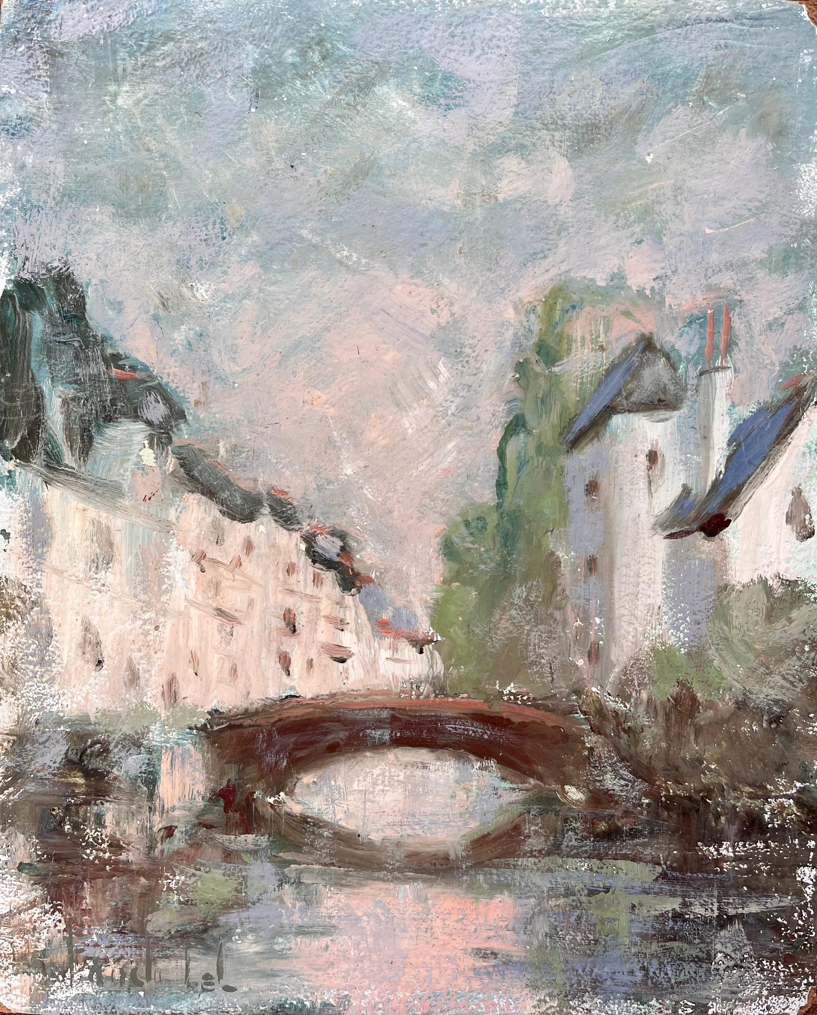 Paesaggio urbano francese dipinto a olio con ponte sul canale e architettura storica