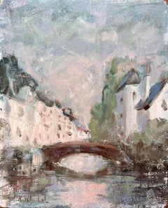 French Cityscape Oil Painting of Canal Bridge and Historic Architecture