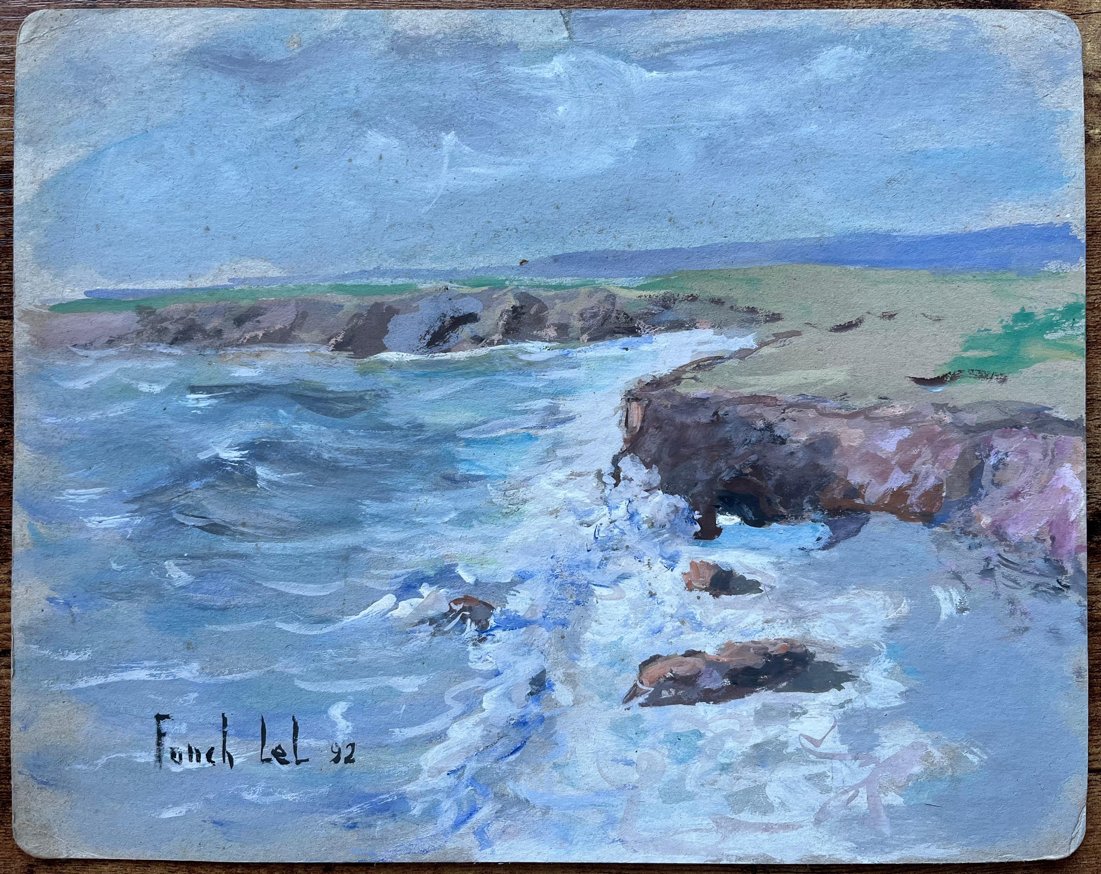 French Coastal Clifftop Scene with Waves Crashing Against Rocks - Painting by Fanch Lel