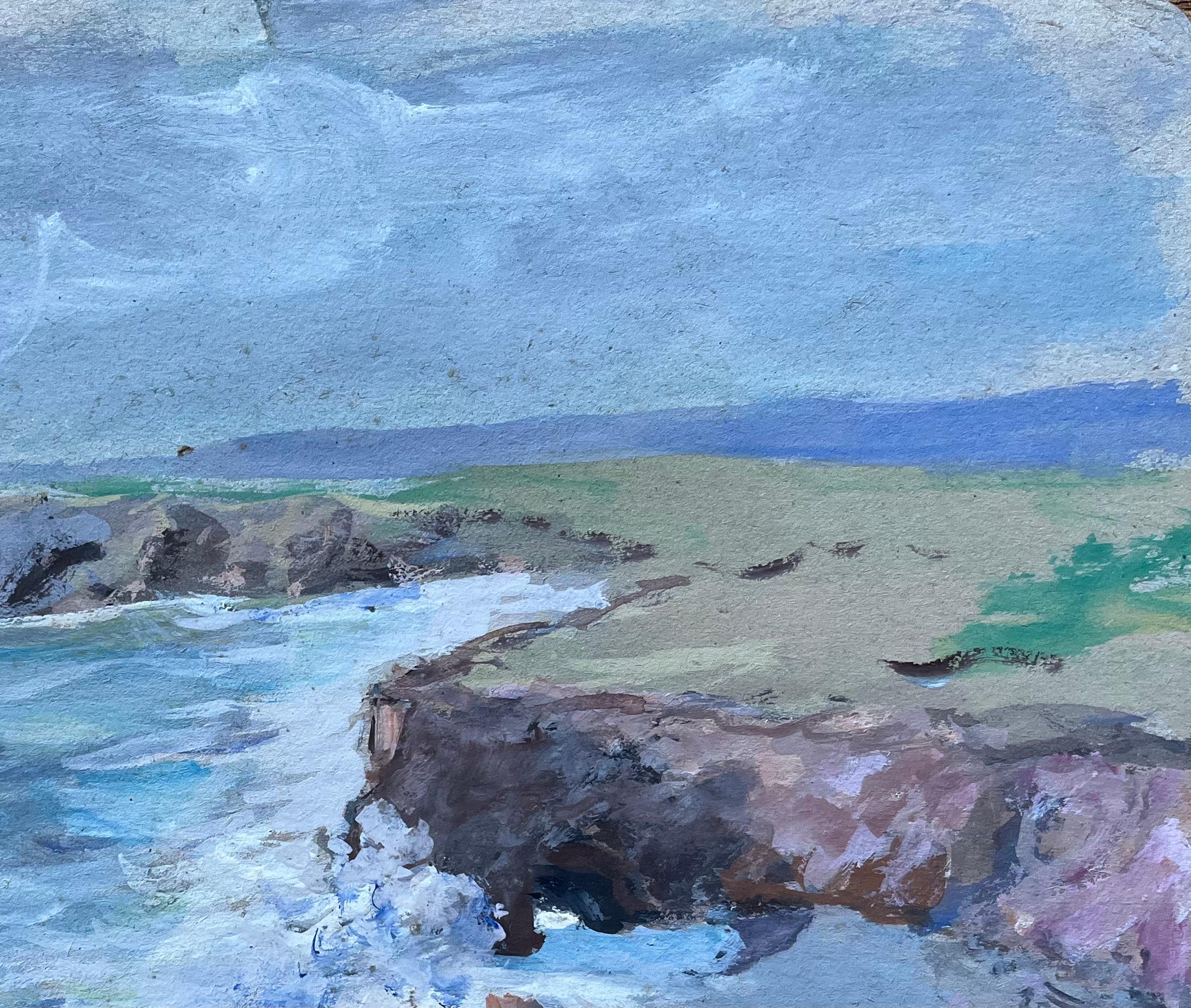 French Coastal Clifftop Scene with Waves Crashing Against Rocks - Impressionist Painting by Fanch Lel