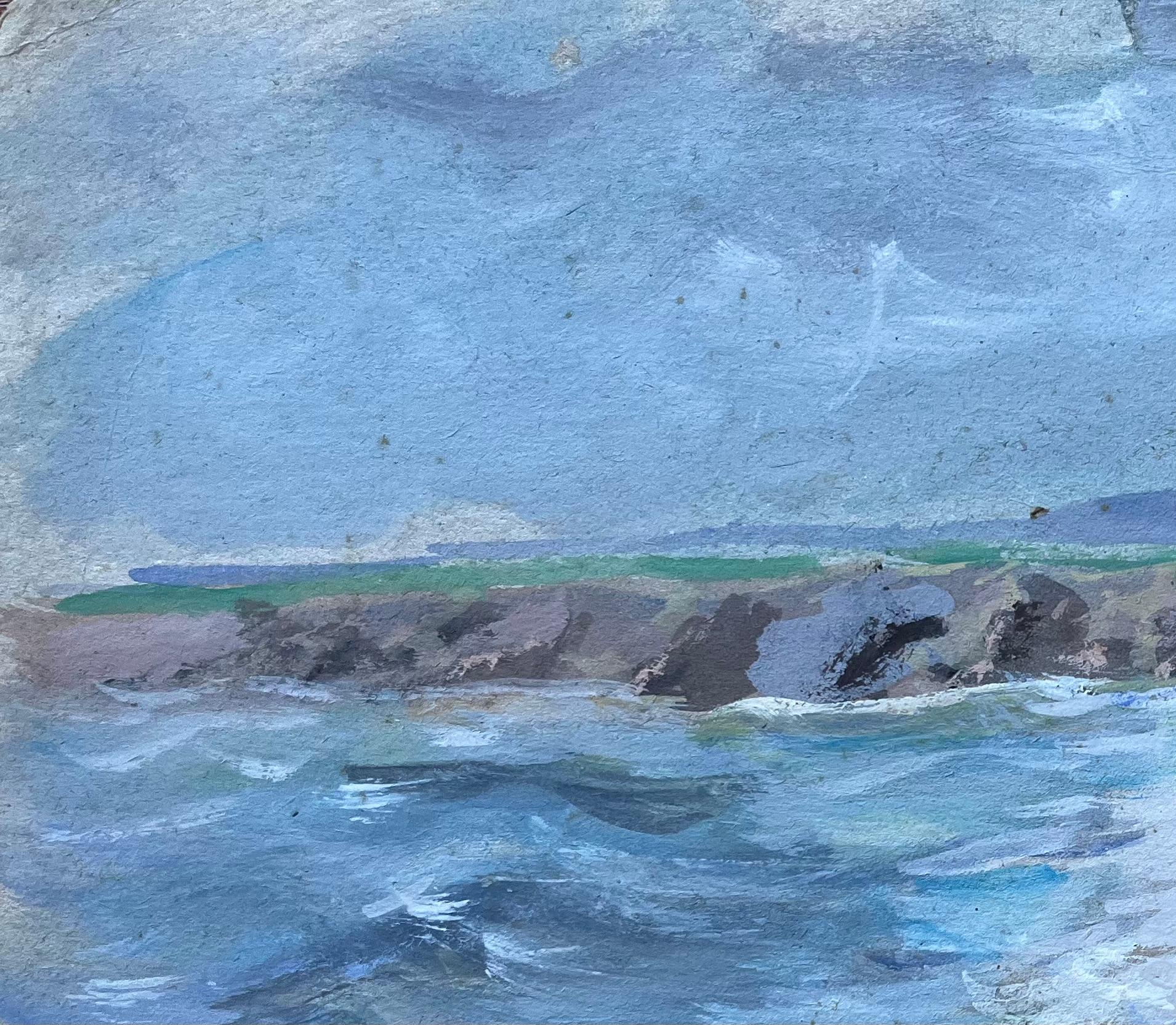 French Coastal Clifftop Scene with Waves Crashing Against Rocks - Blue Landscape Painting by Fanch Lel