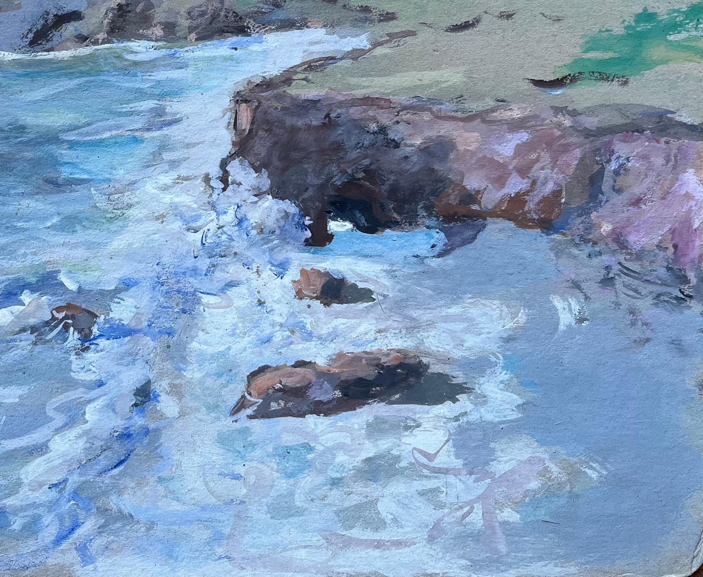 Title: French Coastal Clifftop Scene with Waves Crashing Against Rocks
by Fanch Lel (French b. 1930)
Signed: Yes
Size: 9 inches (height) x 11.5 inches (width)
Oil painting on card, unframed
Condition: The painting is in good condition, with some