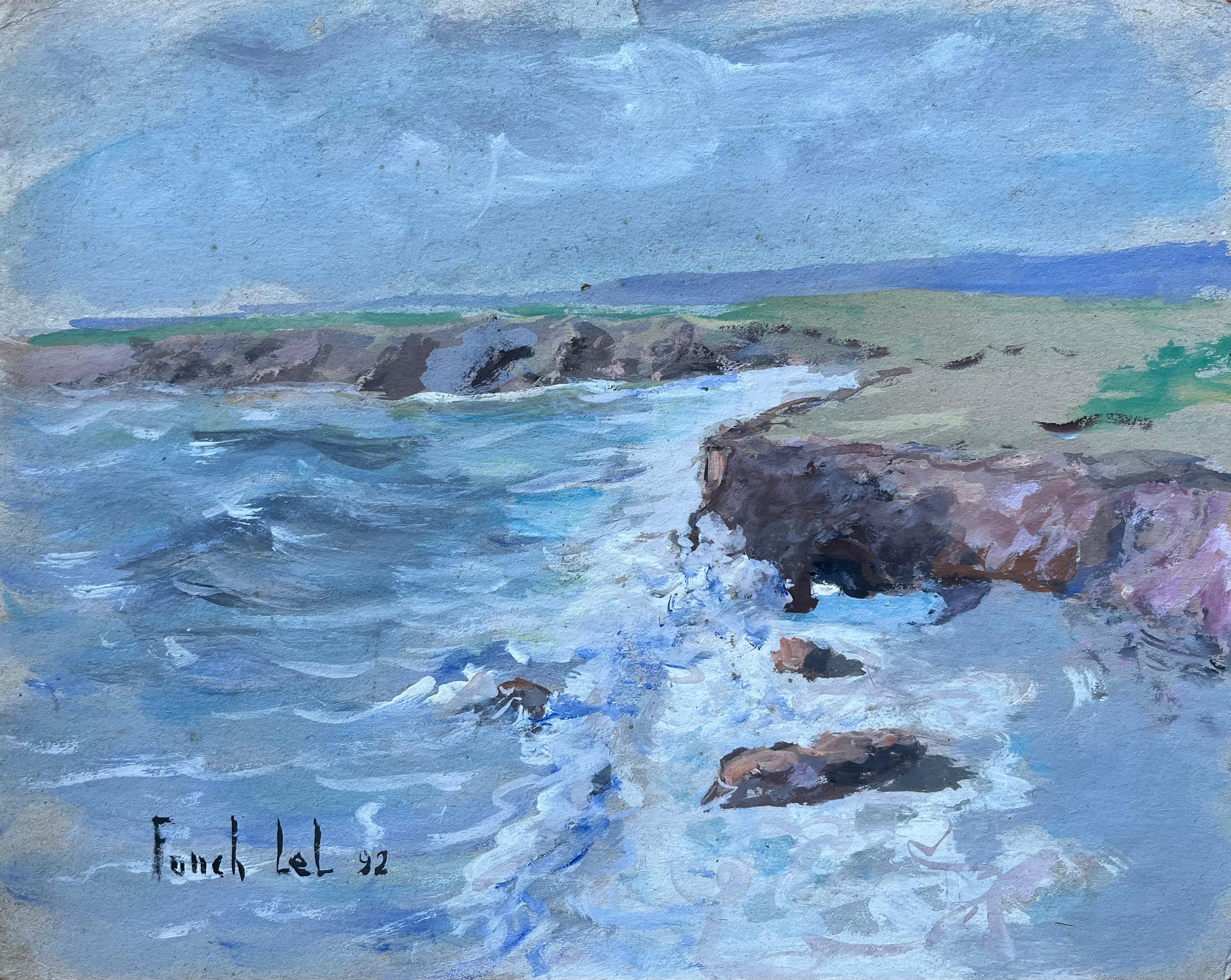 Fanch Lel Landscape Painting - French Coastal Clifftop Scene with Waves Crashing Against Rocks