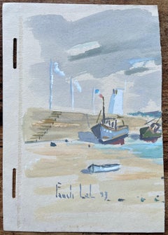 French Coastal Gouache of Fishing Boats on Shoreline Under an Overcast Sky